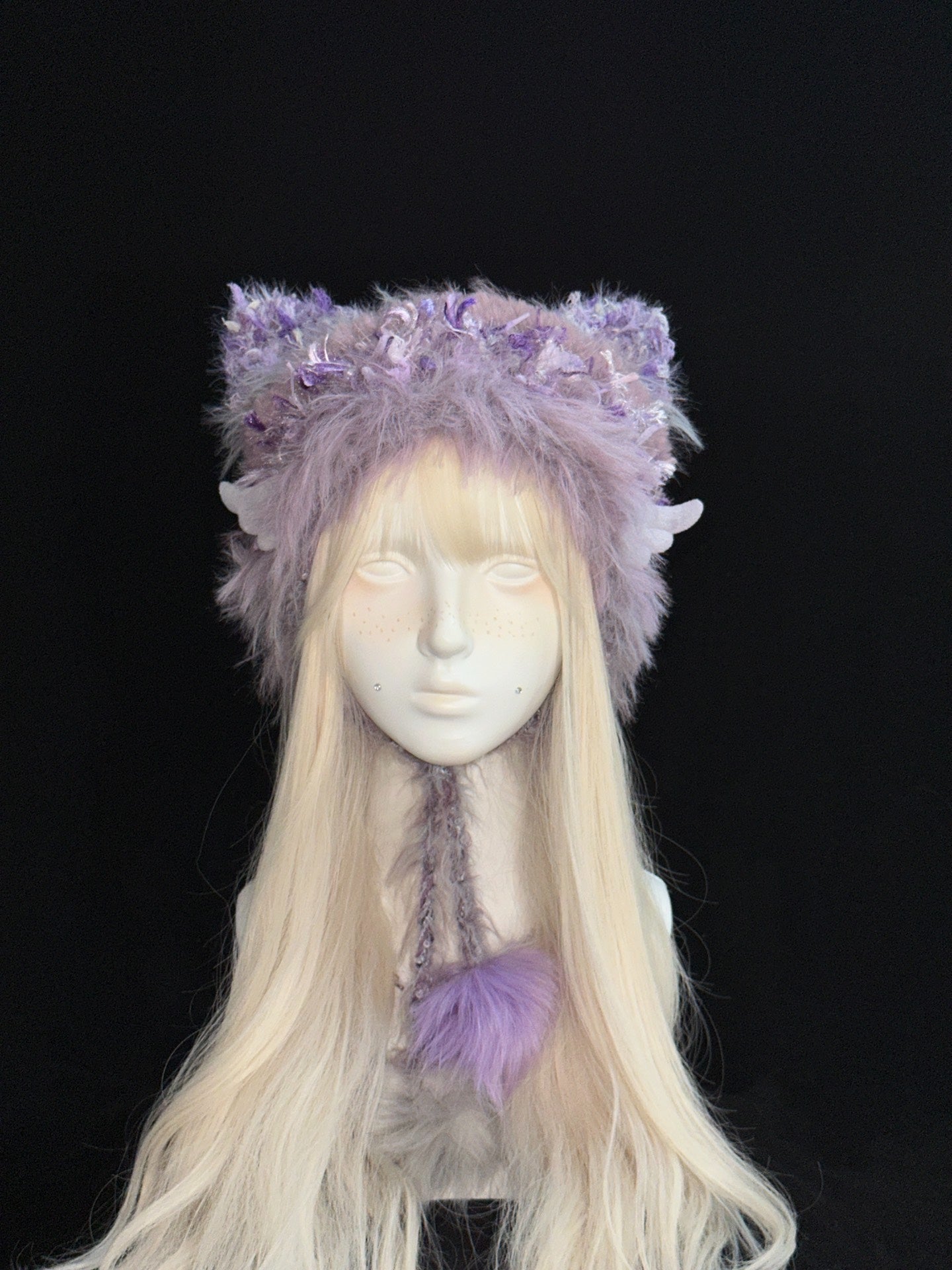 Purple Kitty Angel Ear Hat – Handmade Crochet Kawaii Earwarmer Hat