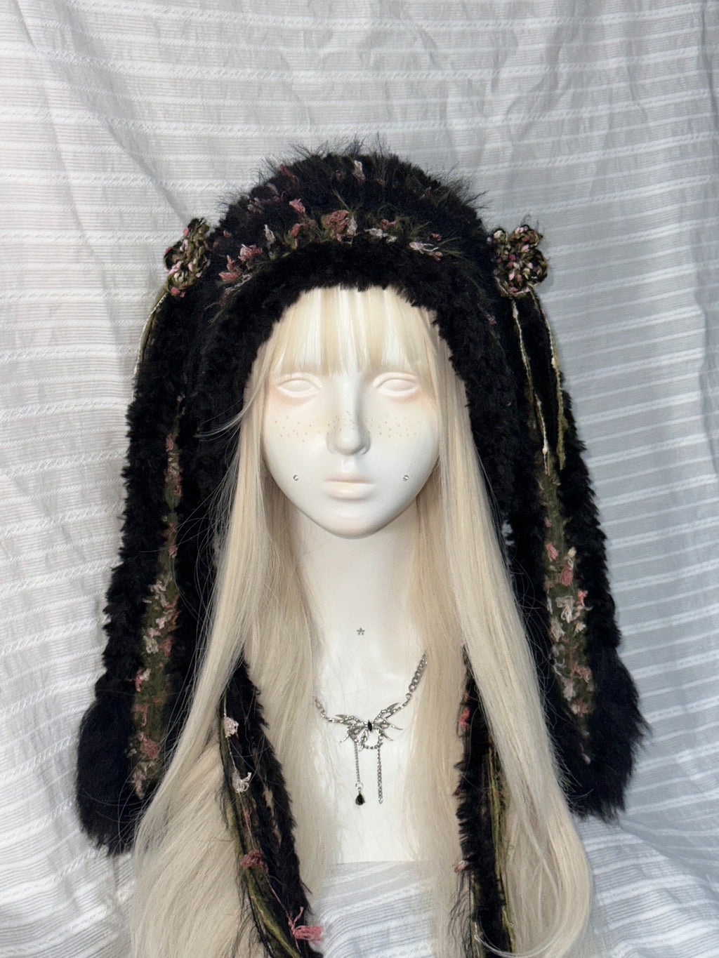 Black Bunny Ear Hood with Pink & Green Accents