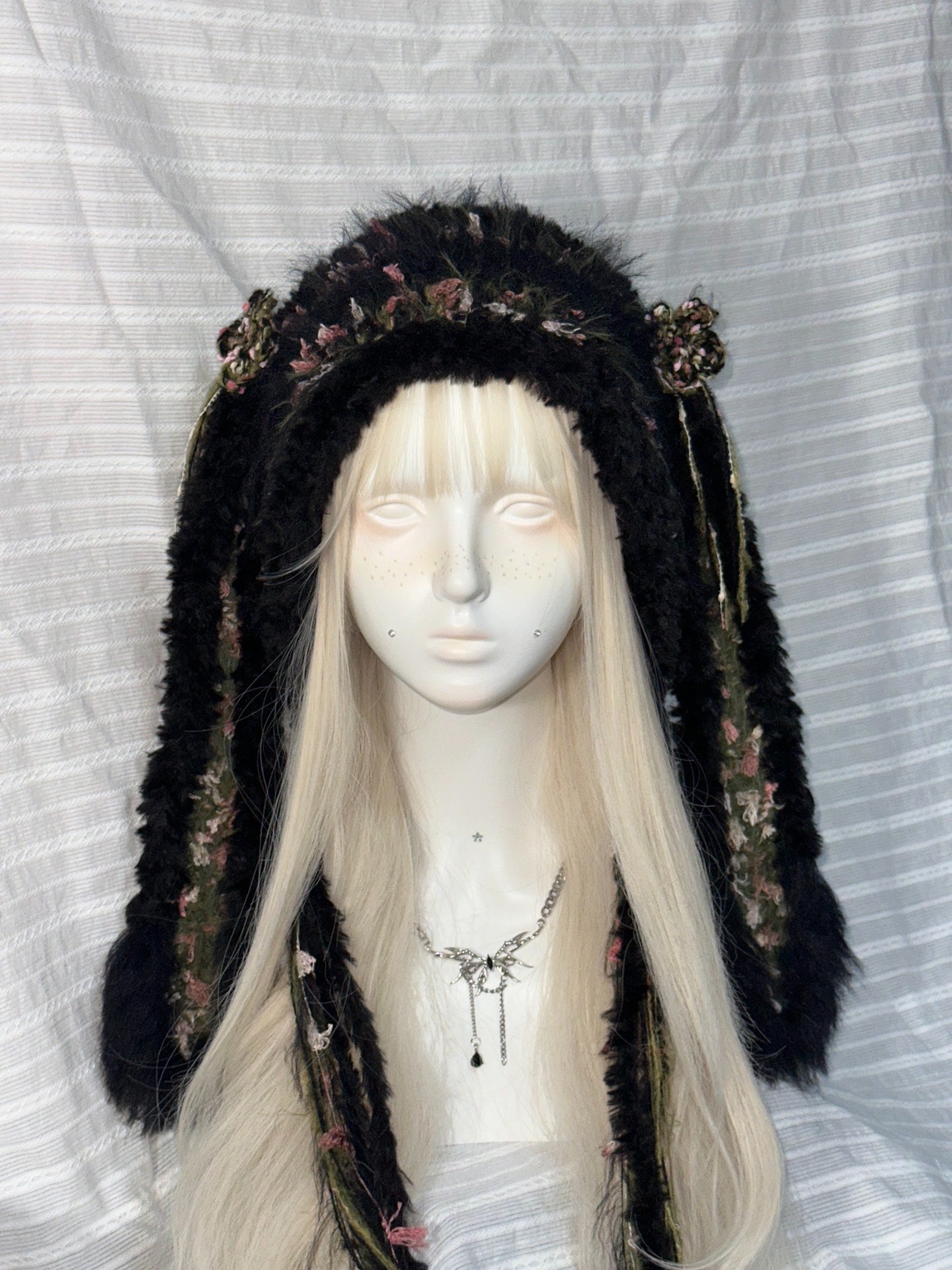 Black Bunny Ear Hood with Pink & Green Accents