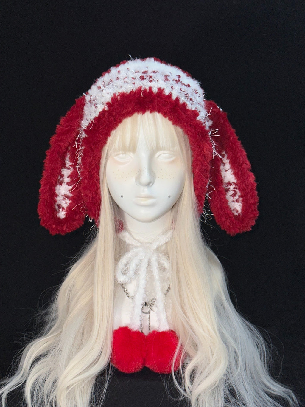 Red & White Bunny Ear Hat – Handmade Crochet Kawaii Cosplay Hat