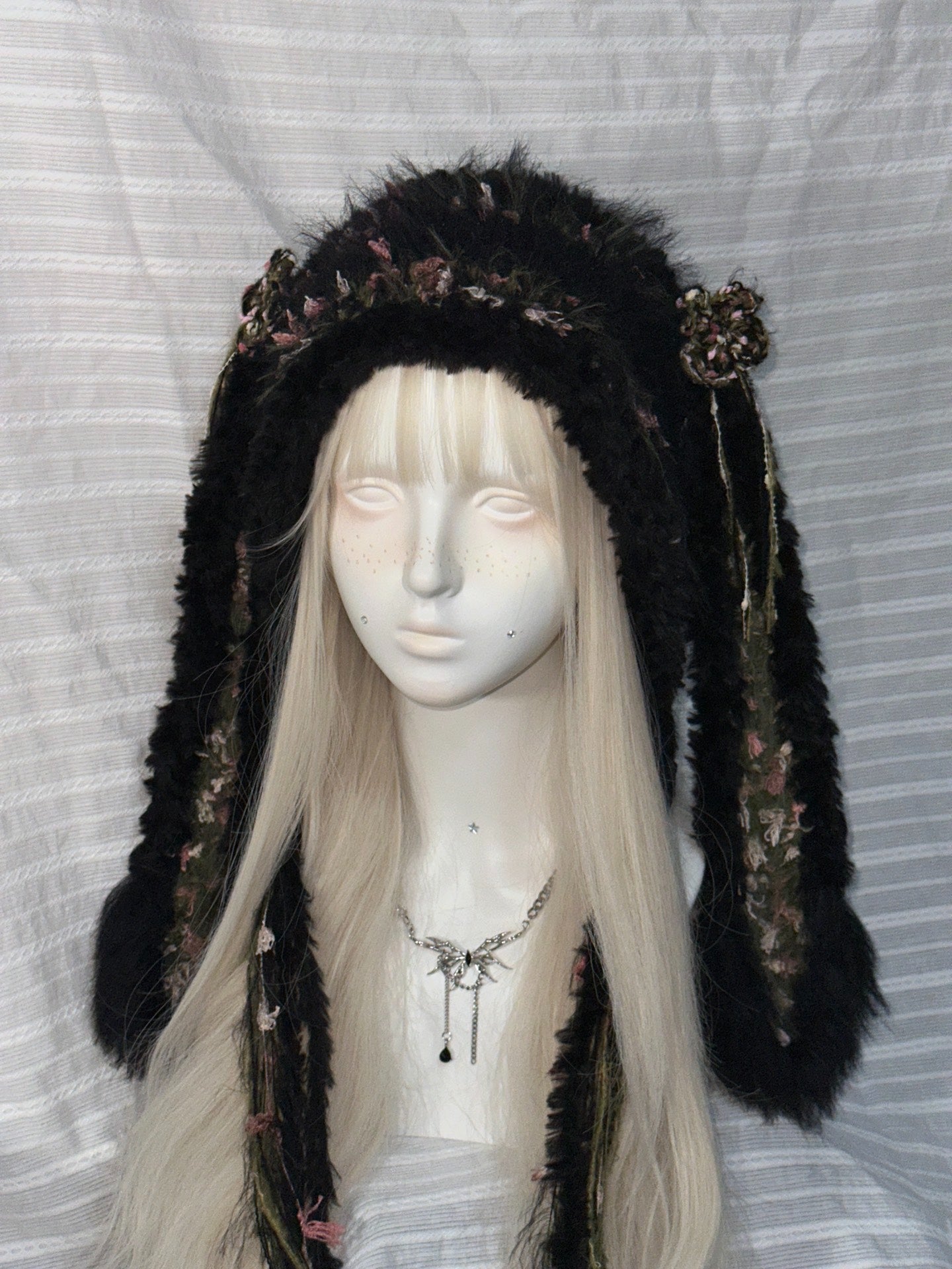 Black Bunny Ear Hood with Pink & Green Accents
