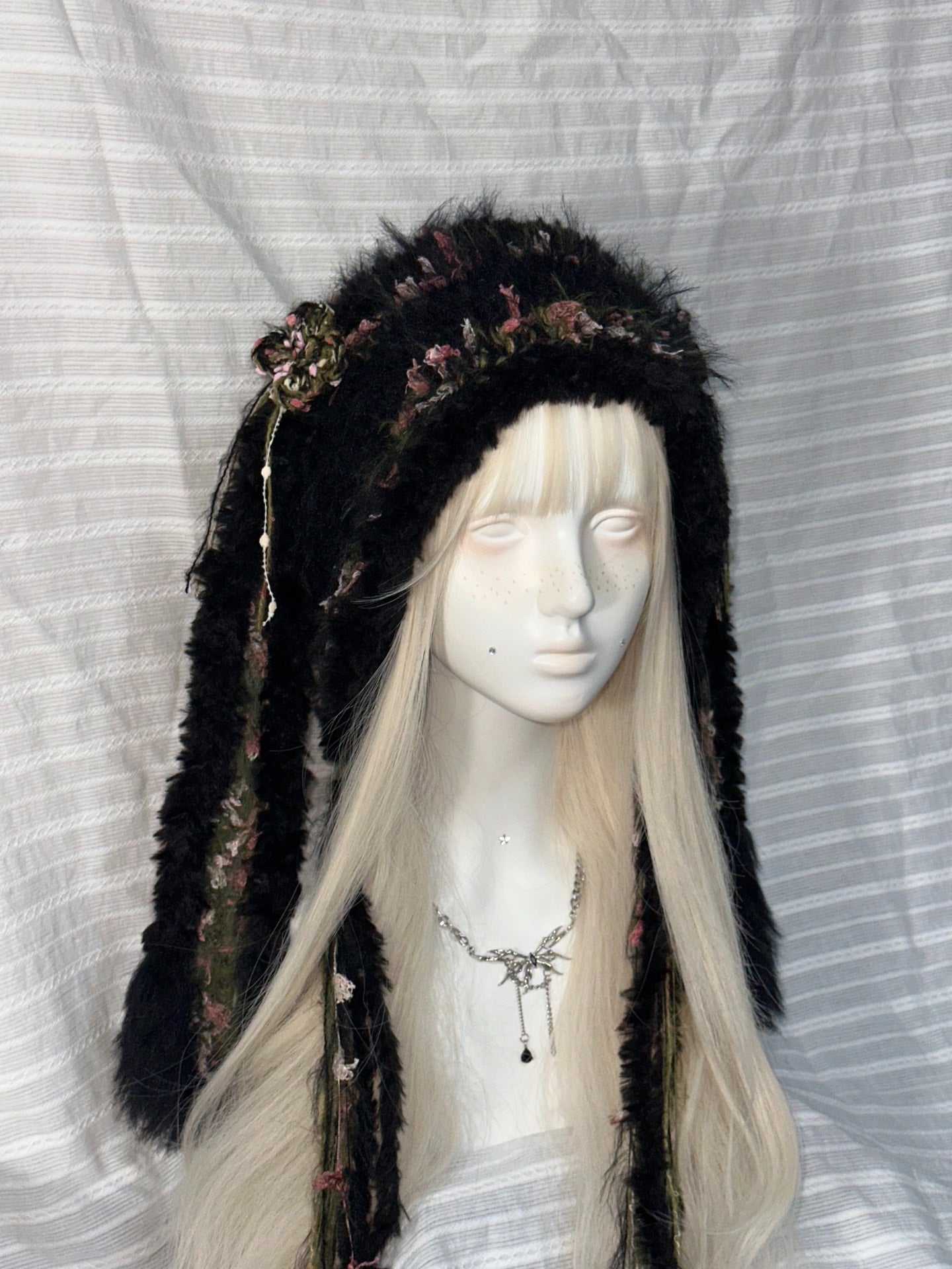 Black Bunny Ear Hood with Pink & Green Accents