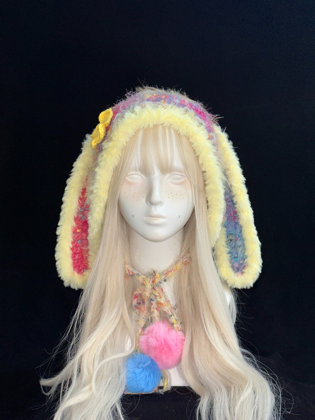 Usahana Bunny Ear Hood – Handmade Crochet Colorful Long Ear Bonnet for Kawaii Fashion & Cosplay