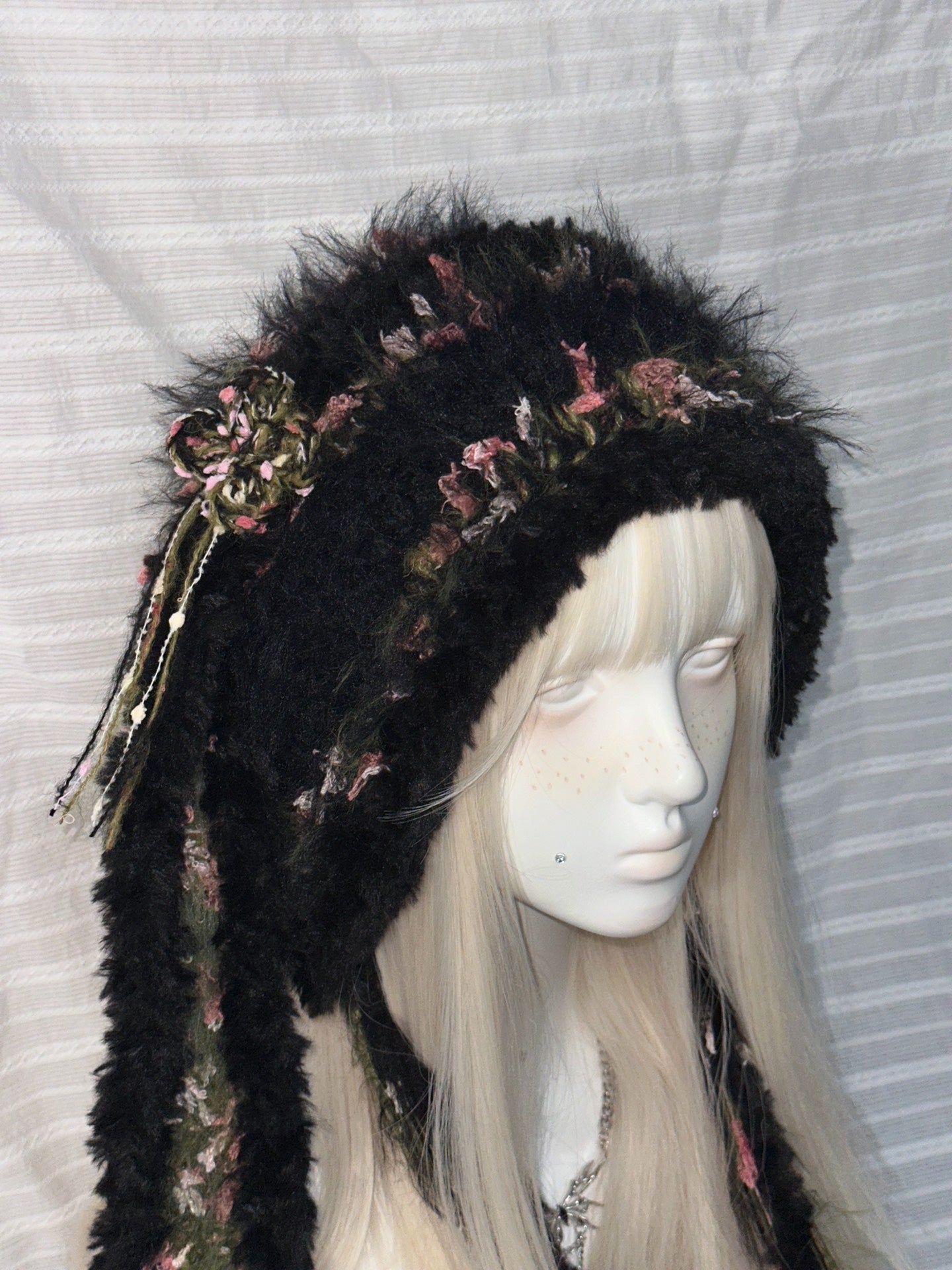 Black Bunny Ear Hood with Pink & Green Accents