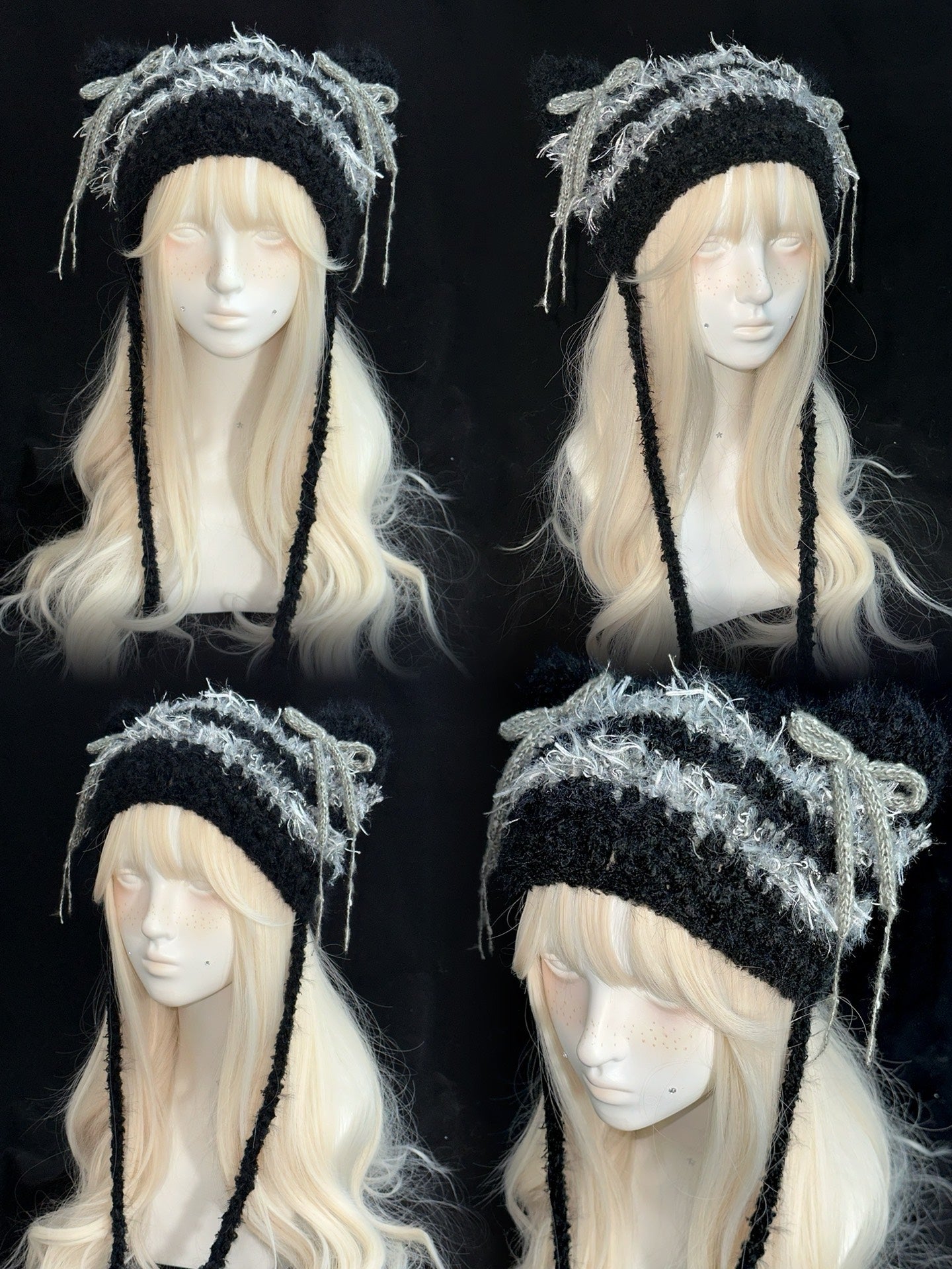 Black & Silver Bow Cat Ear Hat