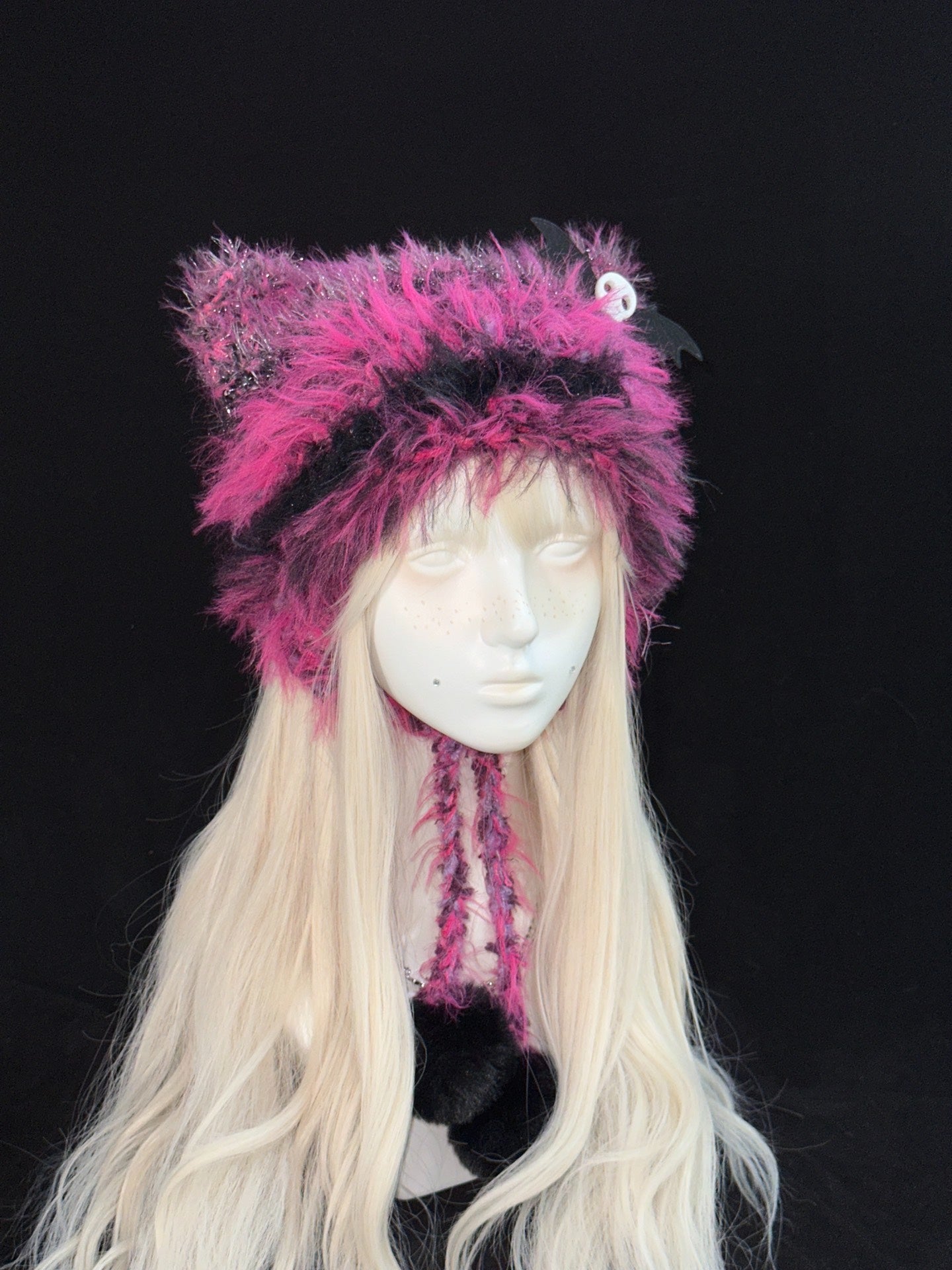 Black Pink Cat Ear Hood – Handmade Crochet Kitty Bonnet with Ear Flaps