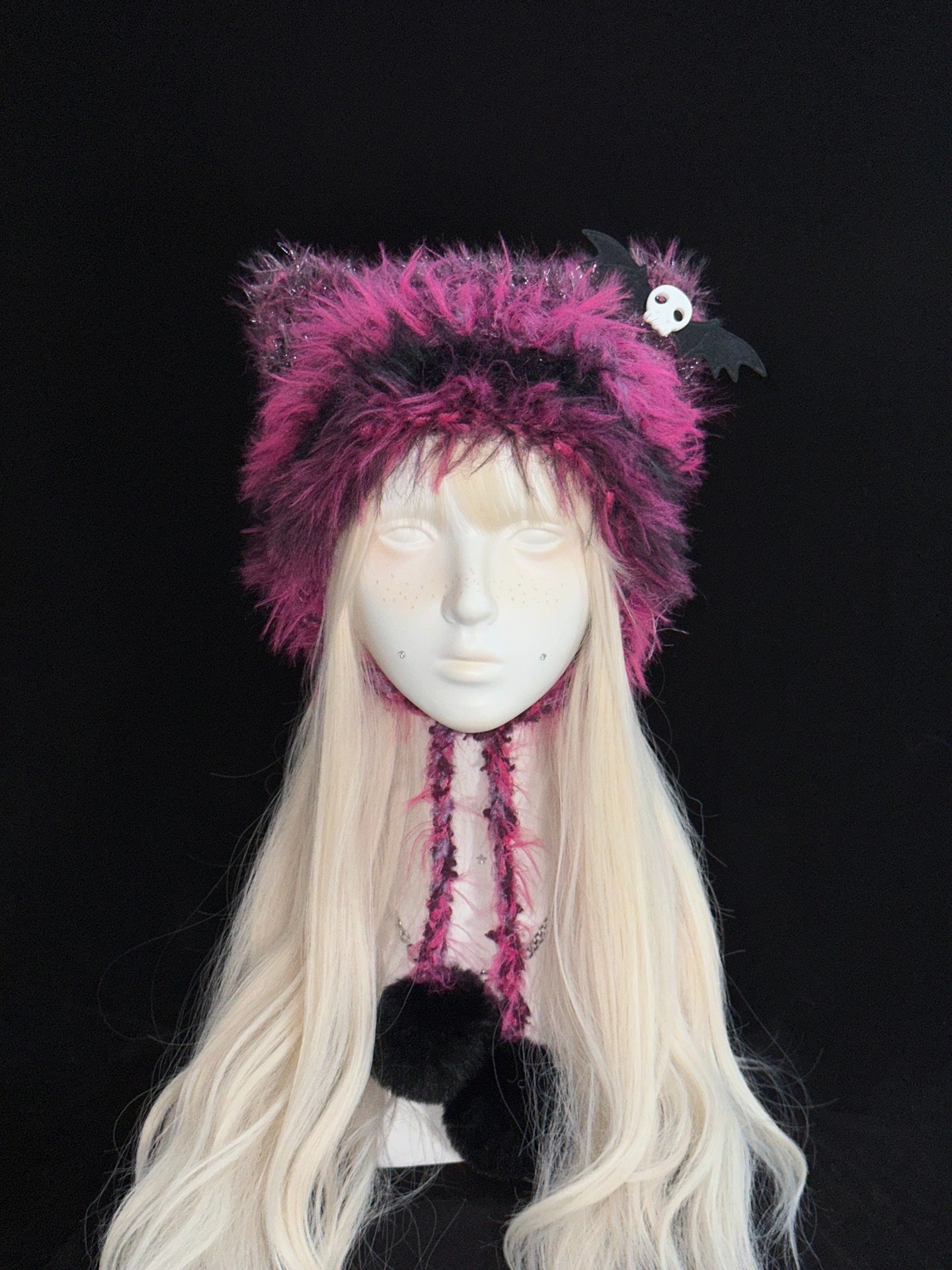 Black Pink Cat Ear Hood – Handmade Crochet Kitty Bonnet with Ear Flaps