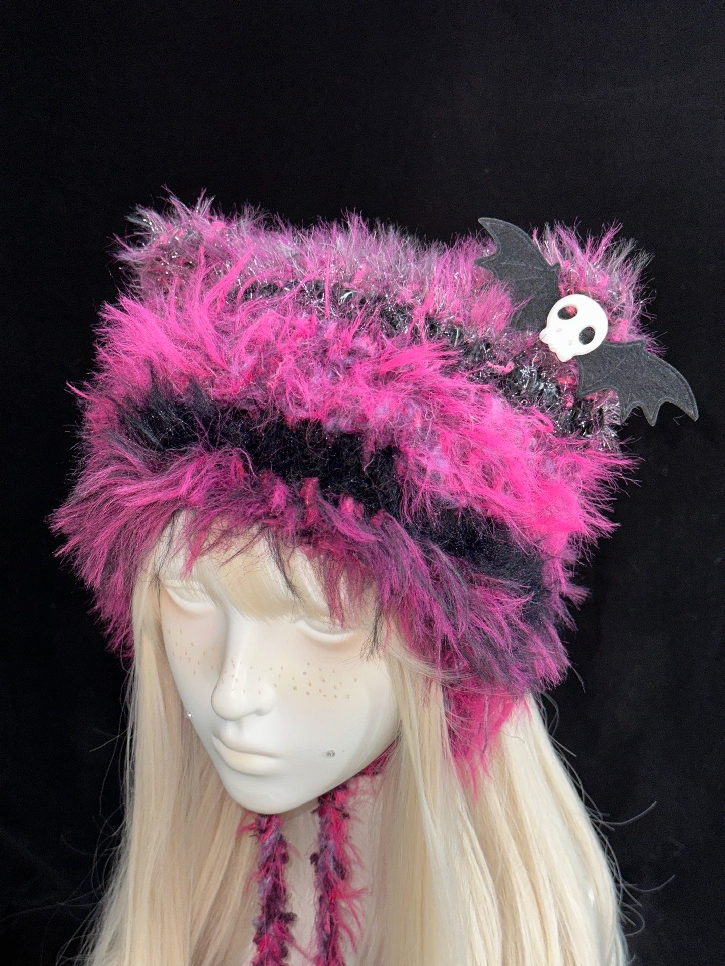 Black Pink Cat Ear Hood – Handmade Crochet Kitty Bonnet with Ear Flaps