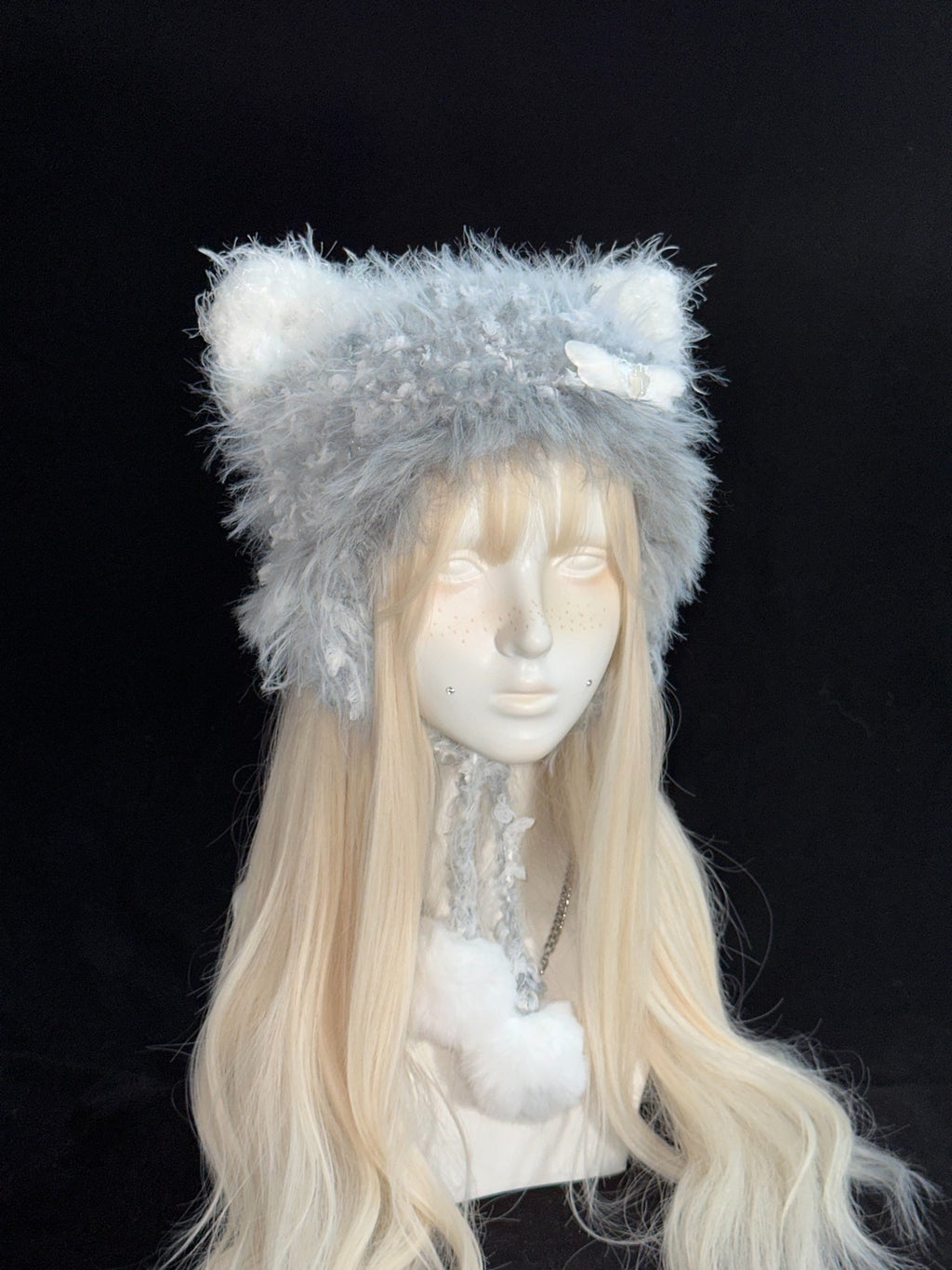 Gray & White Cat Ear Hood – Handmade Crochet Kitty Bonnet with Ear Flaps