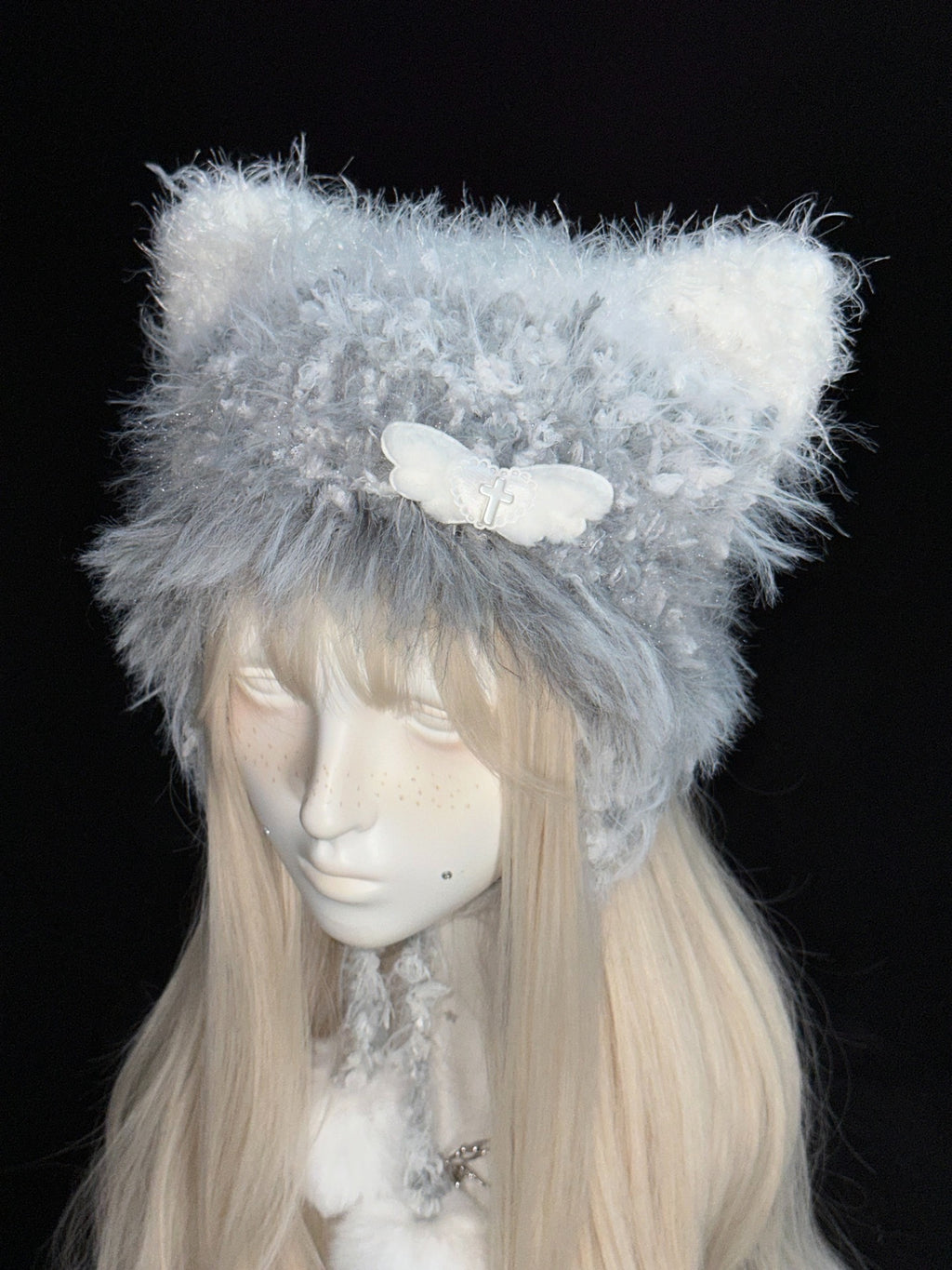 Gray & White Cat Ear Hood – Handmade Crochet Kitty Bonnet with Ear Flaps
