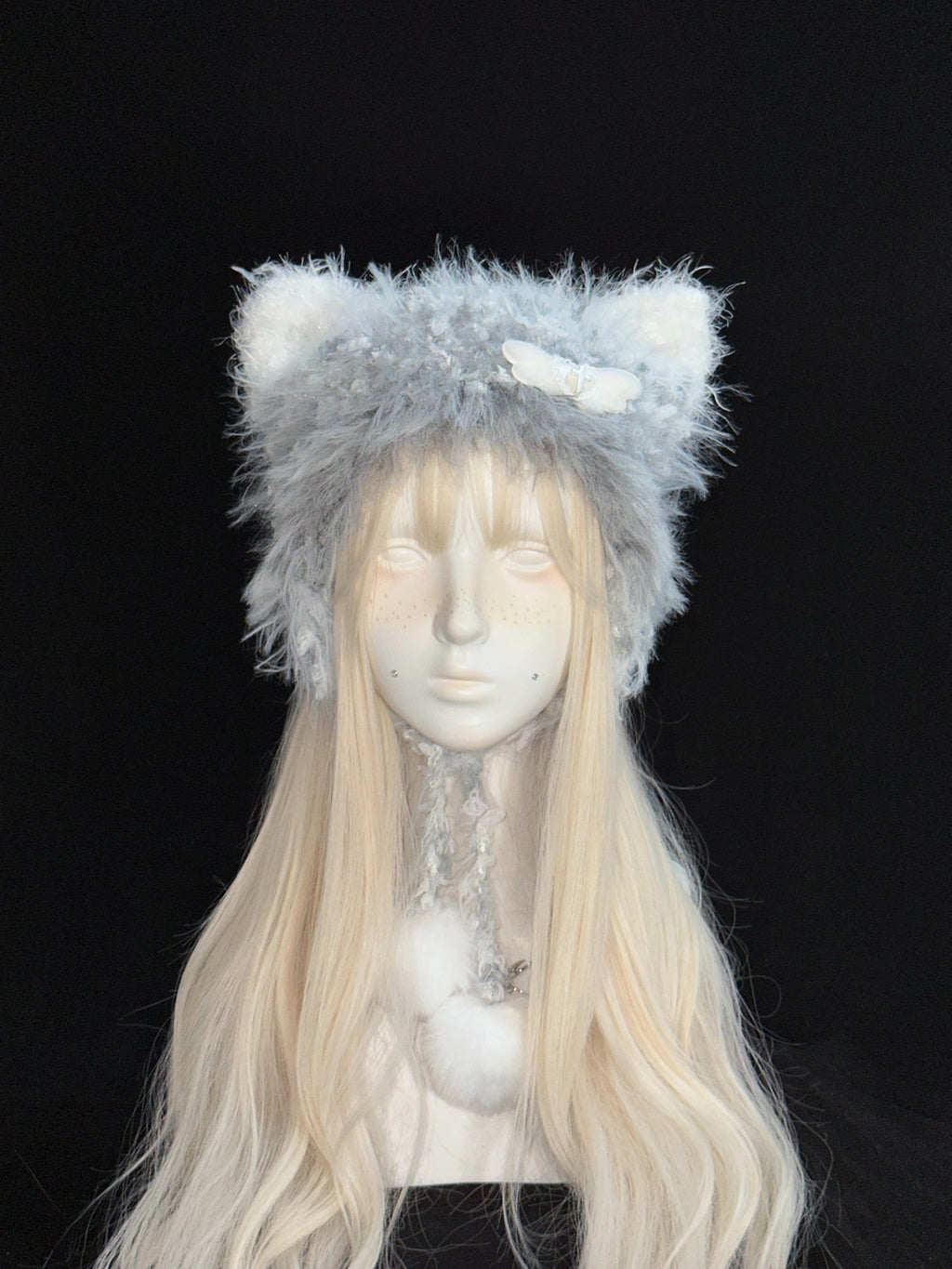 Gray & White Cat Ear Hood – Handmade Crochet Kitty Bonnet with Ear Flaps