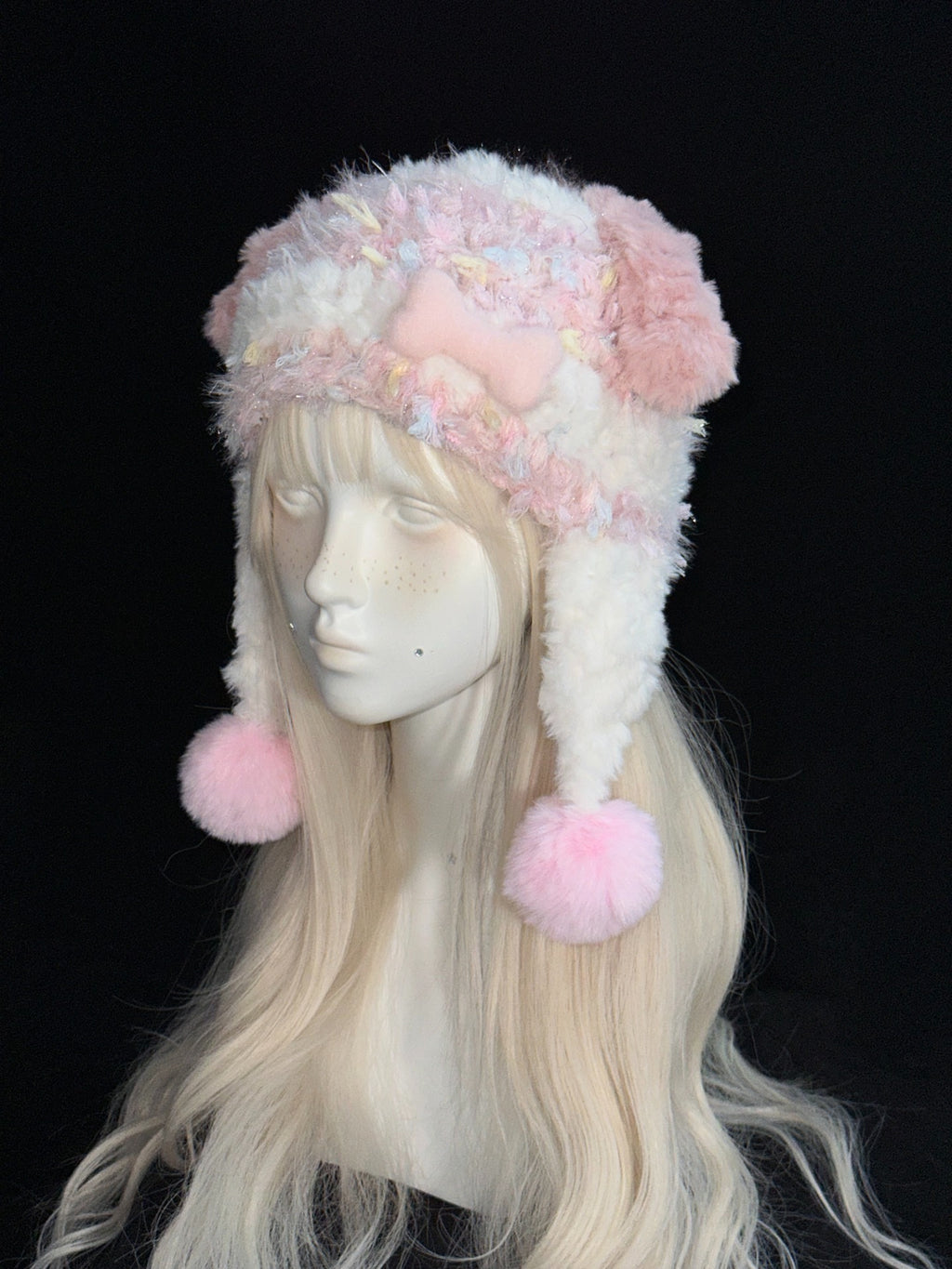 Pink Puppy Ear Hood – Handmade Crochet Dog Bonnet with Pompoms & Ear Flaps