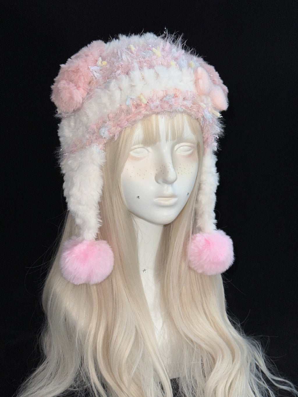 Pink Puppy Ear Hood – Handmade Crochet Dog Bonnet with Pompoms & Ear Flaps