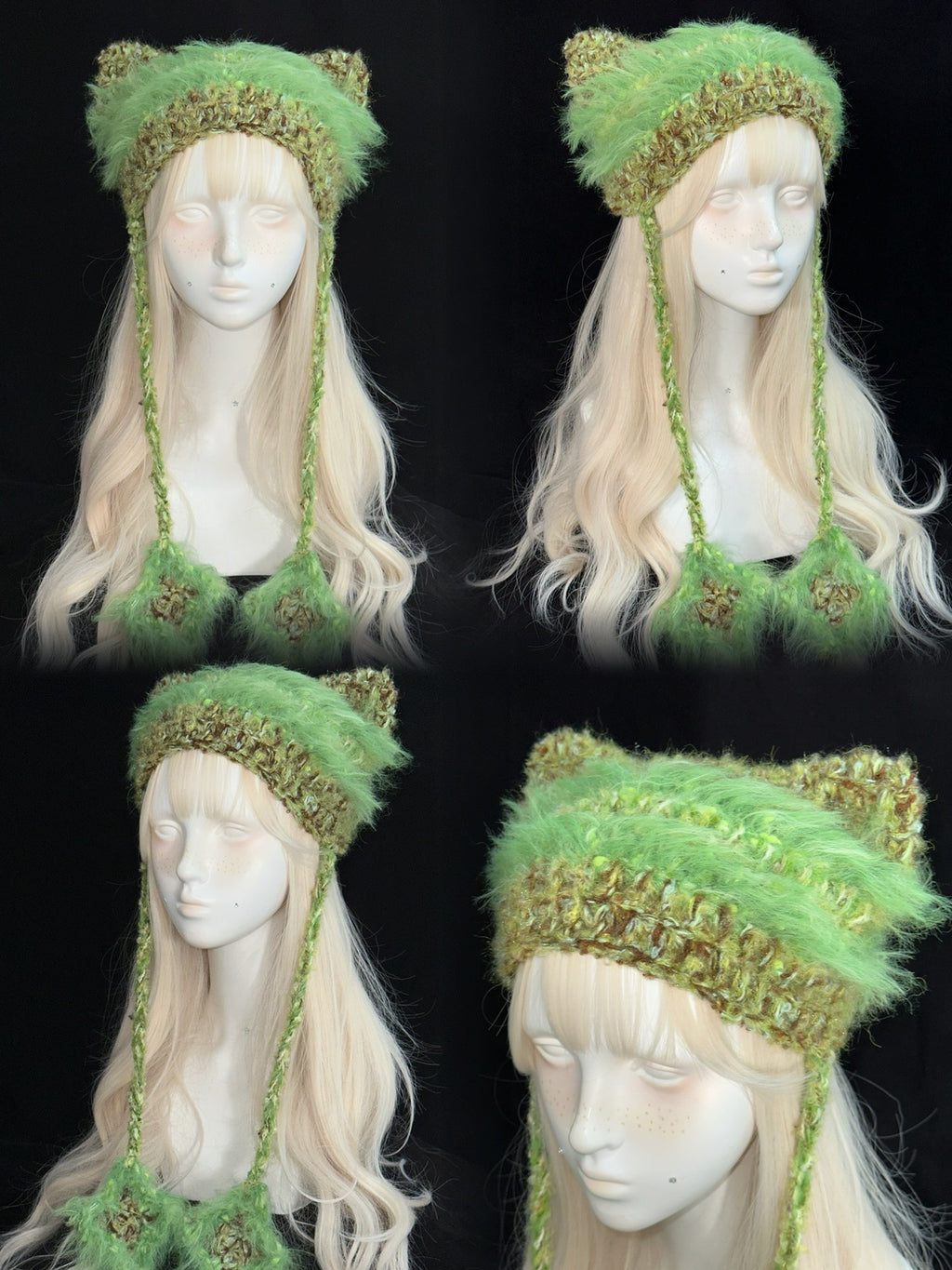 Fluffy Green Cat Ear Hat – Handmade Crochet Furry Kitty Hood
