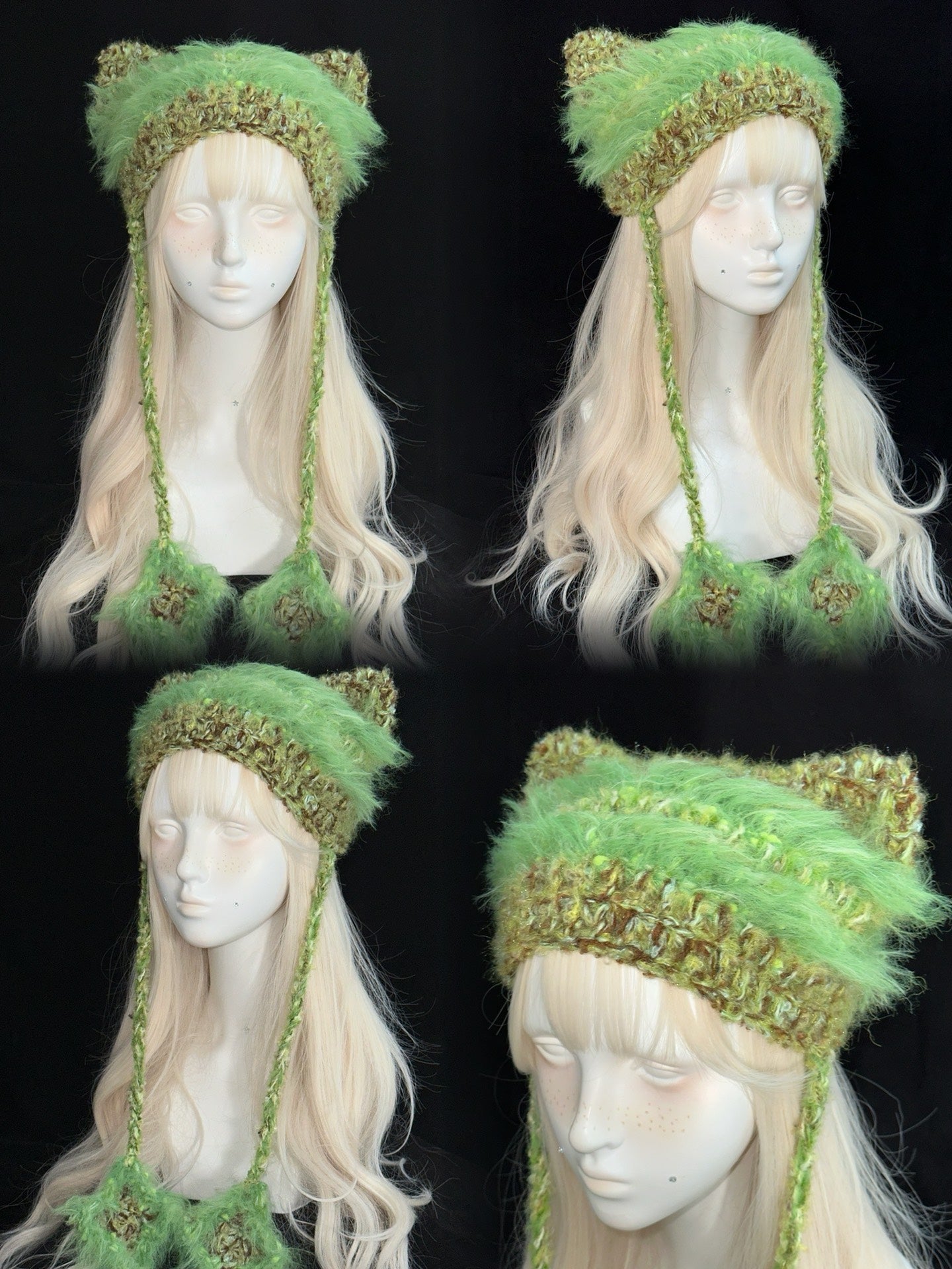 Fluffy Green Cat Ear Hat – Handmade Crochet Furry Kitty Hood