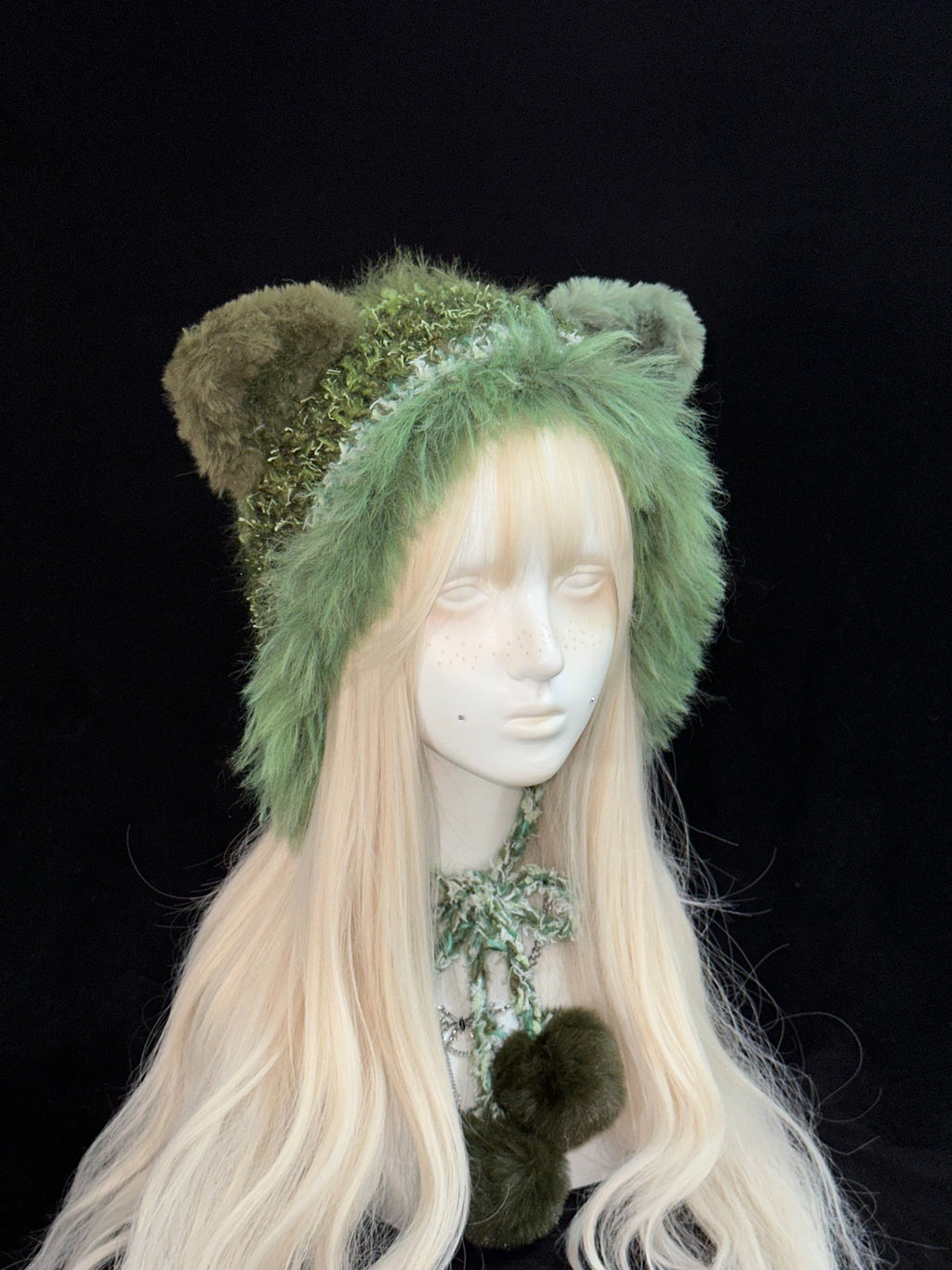 Green Wolf Ear Hood – Handmade Crochet Forest-Inspired Bonnet with Wolf Ears