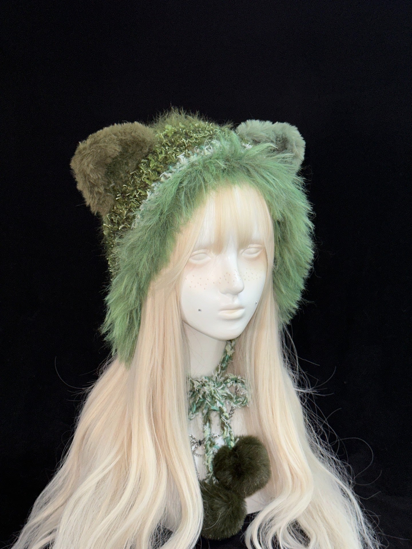 Green Wolf Ear Hood – Handmade Crochet Forest-Inspired Bonnet with Wolf Ears