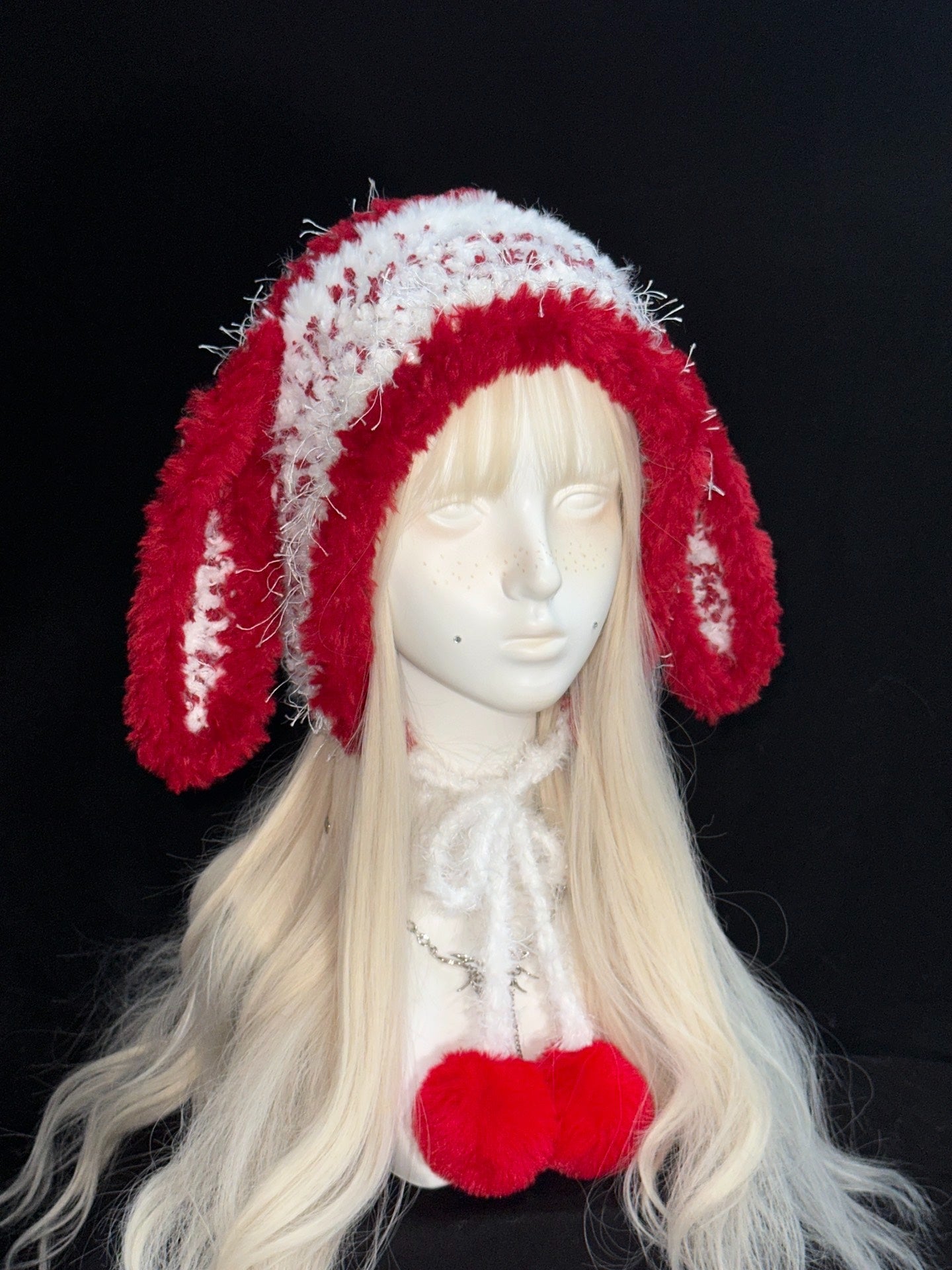 Red & White Bunny Ear Hat – Handmade Crochet Kawaii Cosplay Hat