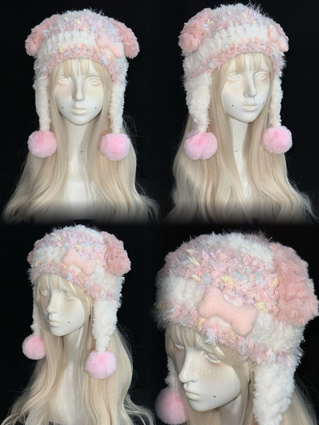 Pink Puppy Ear Hood – Handmade Crochet Dog Bonnet with Pompoms & Ear Flaps