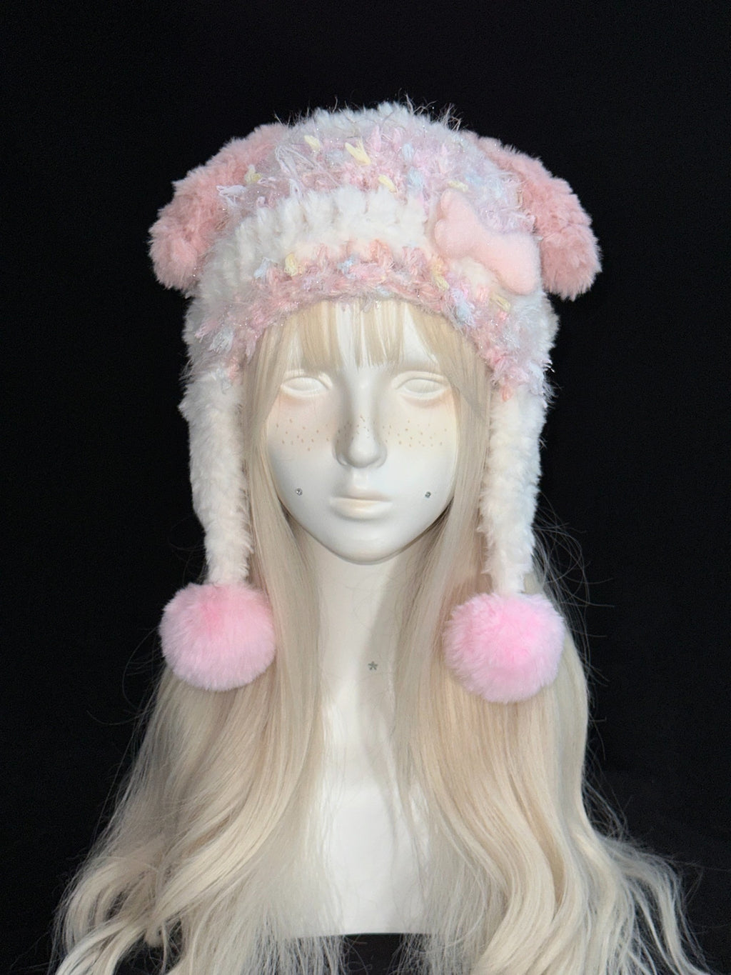 Pink Puppy Ear Hood – Handmade Crochet Dog Bonnet with Pompoms & Ear Flaps