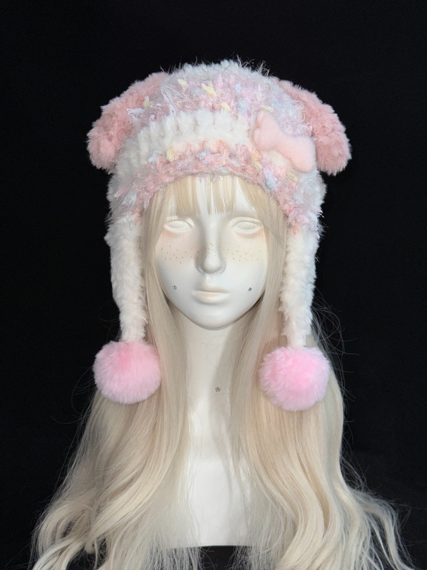 Pink Puppy Ear Hood – Handmade Crochet Dog Bonnet with Pompoms & Ear Flaps