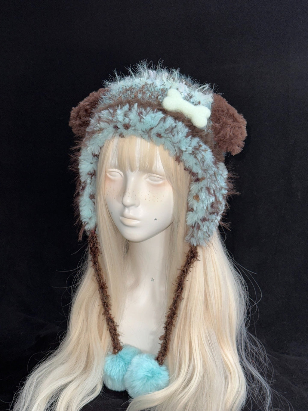 Blue & Brown Puppy Earwarmer Hat – Handmade Crochet Kawaii Hat
