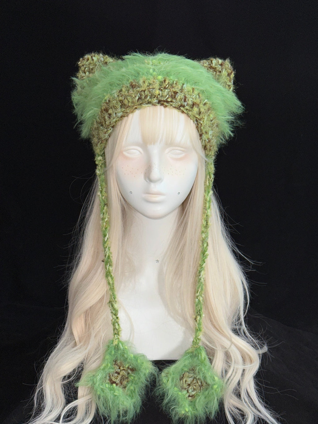 Fluffy Green Cat Ear Hat – Handmade Crochet Furry Kitty Hood