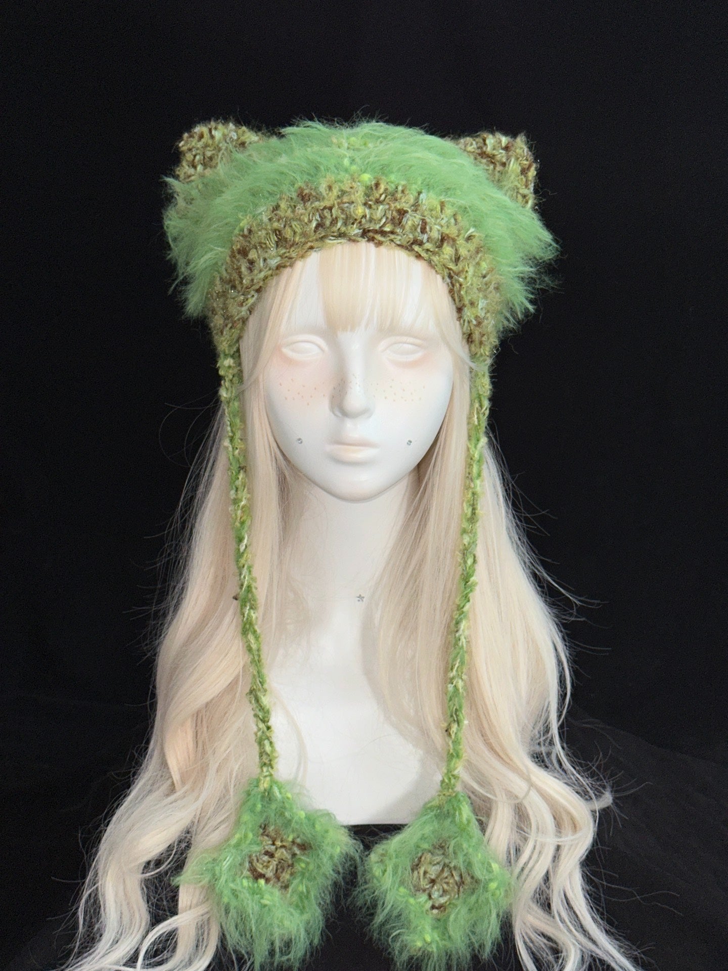 Fluffy Green Cat Ear Hat – Handmade Crochet Furry Kitty Hood