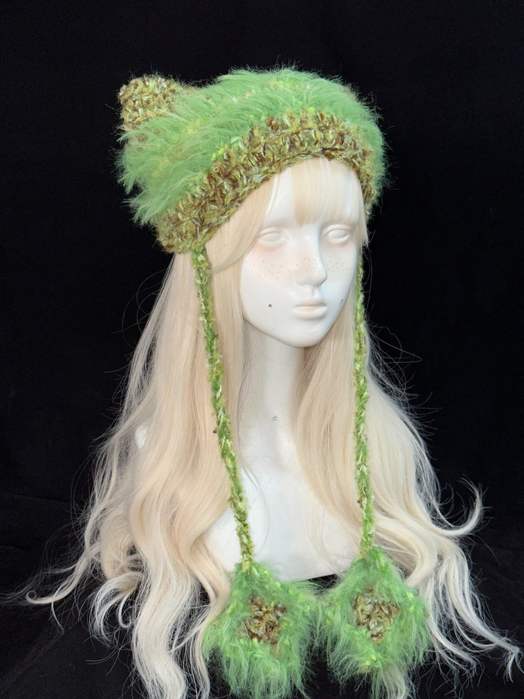 Fluffy Green Cat Ear Hat – Handmade Crochet Furry Kitty Hood