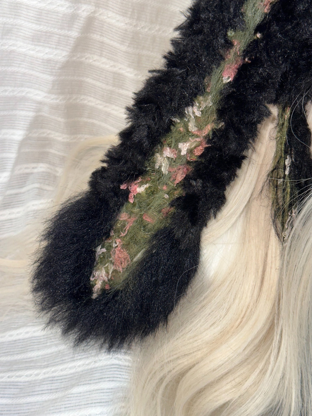 Black Bunny Ear Hood with Pink & Green Accents
