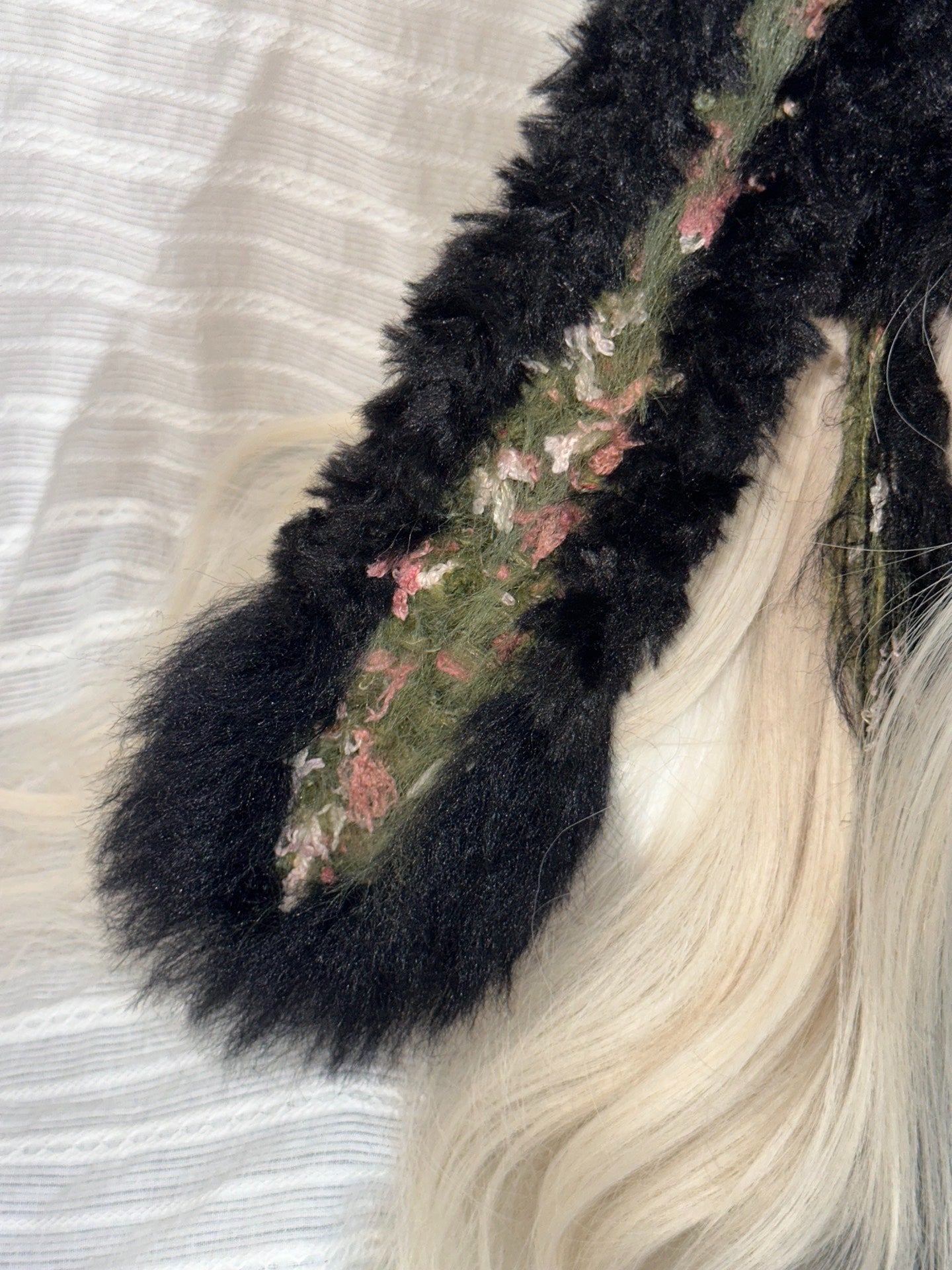 Black Bunny Ear Hood with Pink & Green Accents