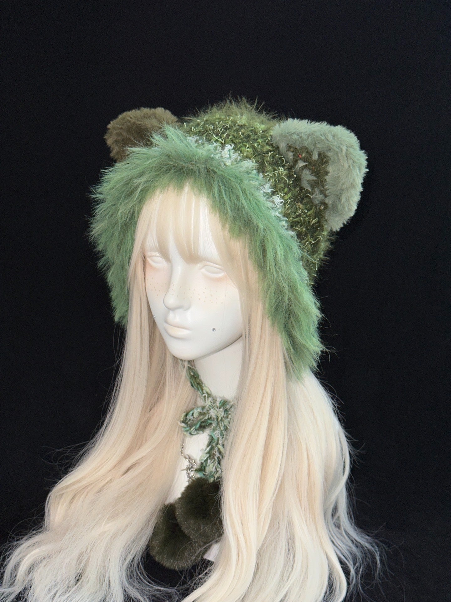 Green Wolf Ear Hood – Handmade Crochet Forest-Inspired Bonnet with Wolf Ears