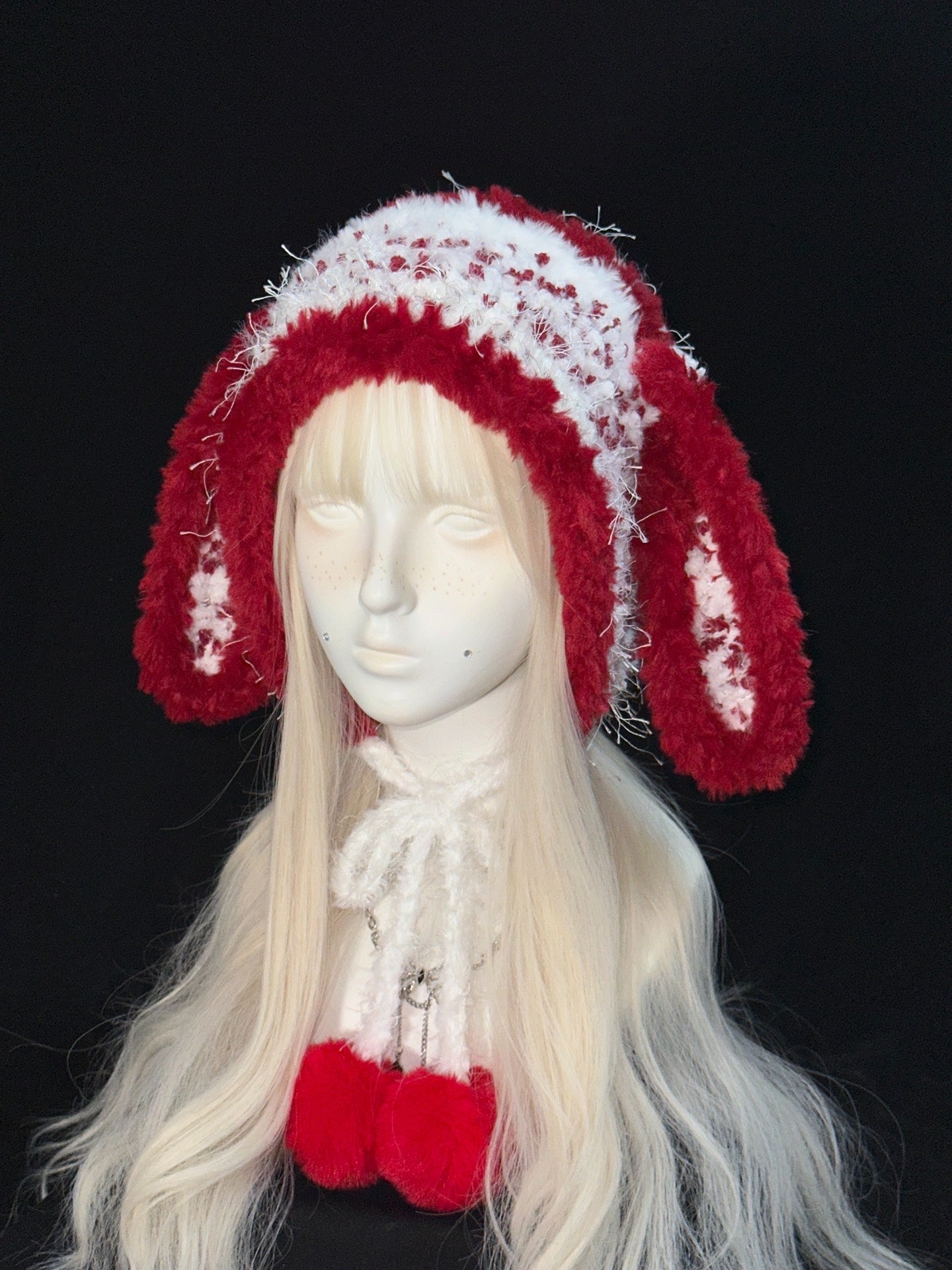 Red & White Bunny Ear Hat – Handmade Crochet Kawaii Cosplay Hat