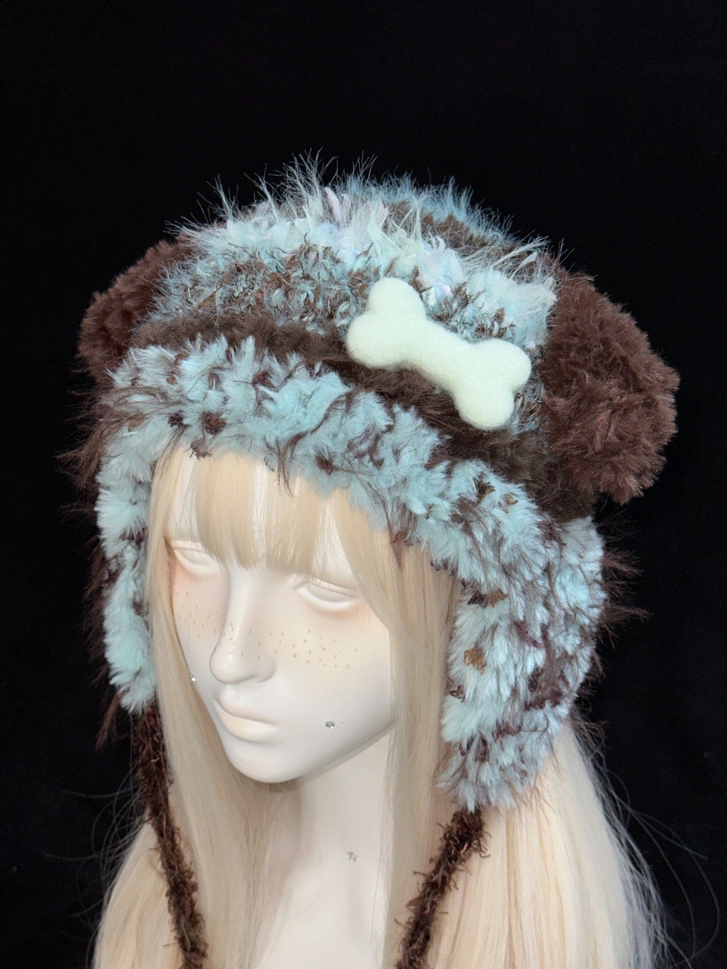 Blue & Brown Puppy Earwarmer Hat – Handmade Crochet Kawaii Hat
