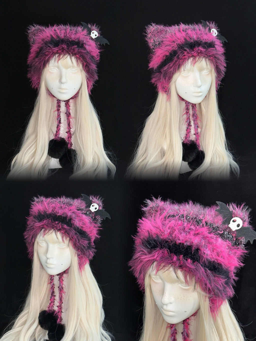 Black Pink Cat Ear Hood – Handmade Crochet Kitty Bonnet with Ear Flaps