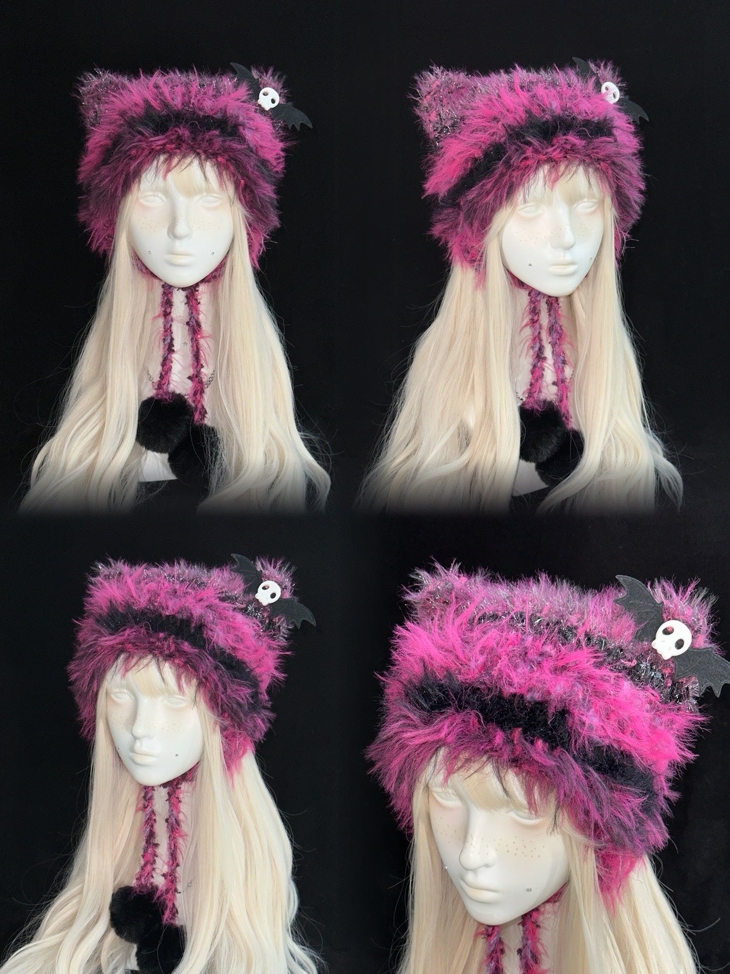 Black Pink Cat Ear Hood – Handmade Crochet Kitty Bonnet with Ear Flaps