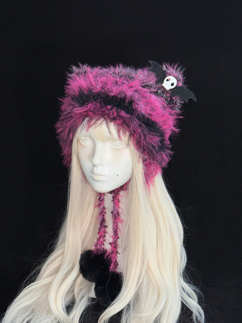Black Pink Cat Ear Hood – Handmade Crochet Kitty Bonnet with Ear Flaps
