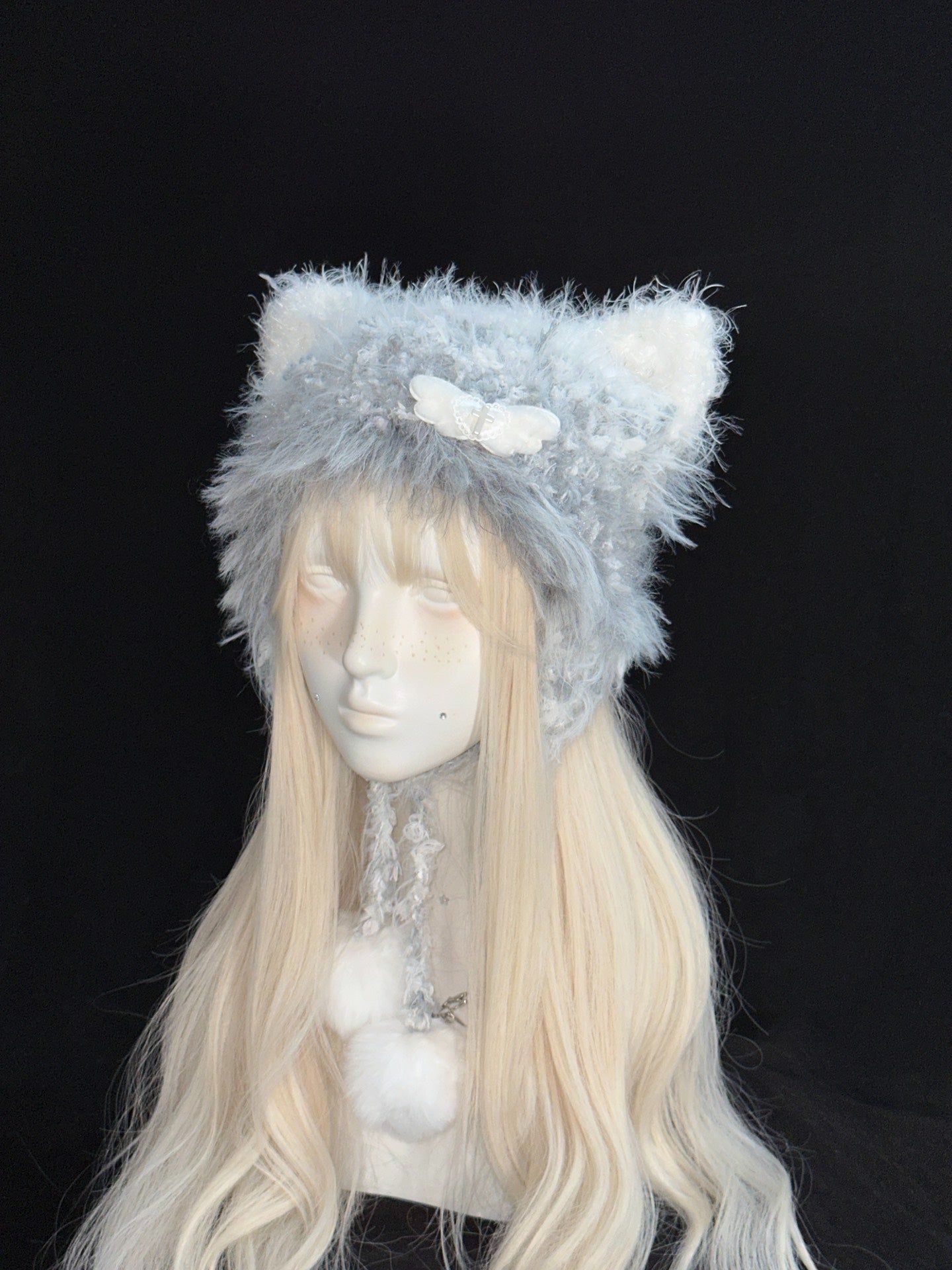 Gray & White Cat Ear Hood – Handmade Crochet Kitty Bonnet with Ear Flaps