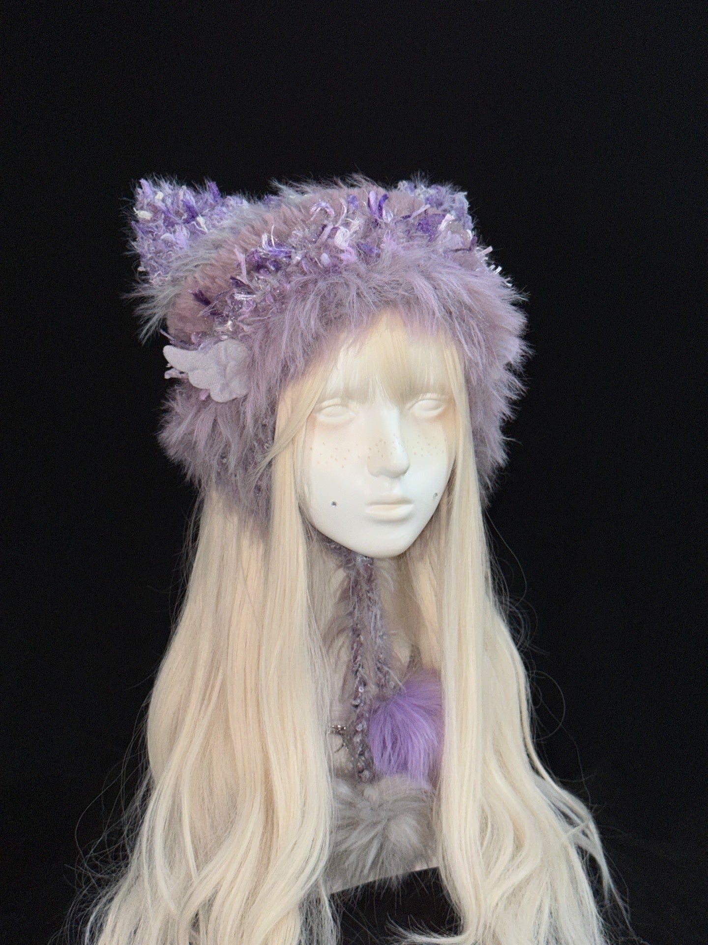 Purple Kitty Angel Ear Hat – Handmade Crochet Kawaii Earwarmer Hat