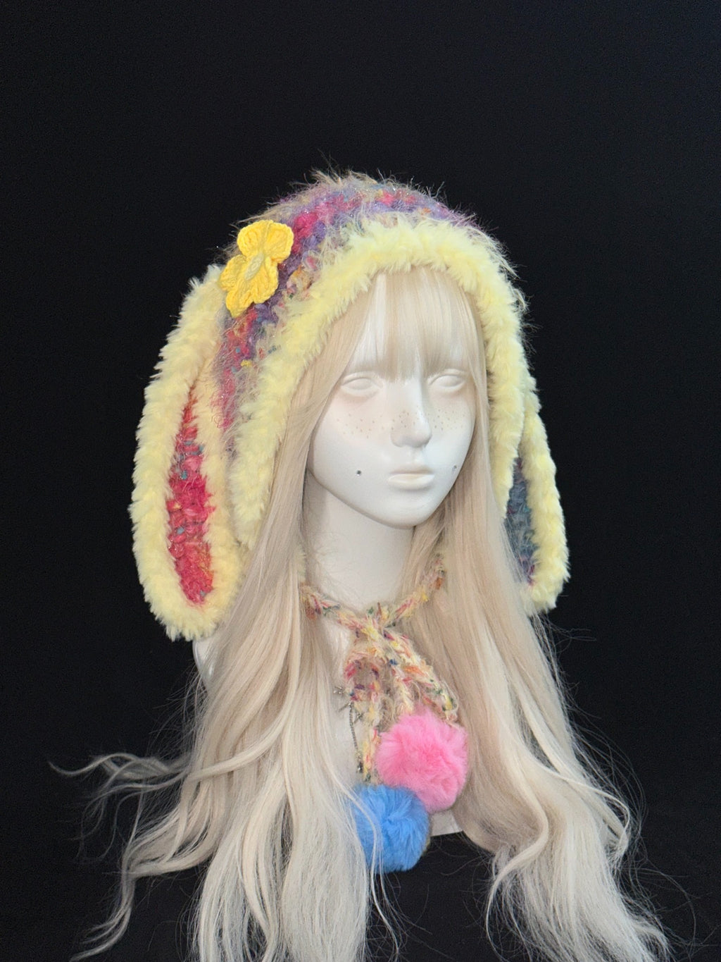 Usahana Bunny Ear Hood – Handmade Crochet Colorful Long Ear Bonnet for Kawaii Fashion & Cosplay
