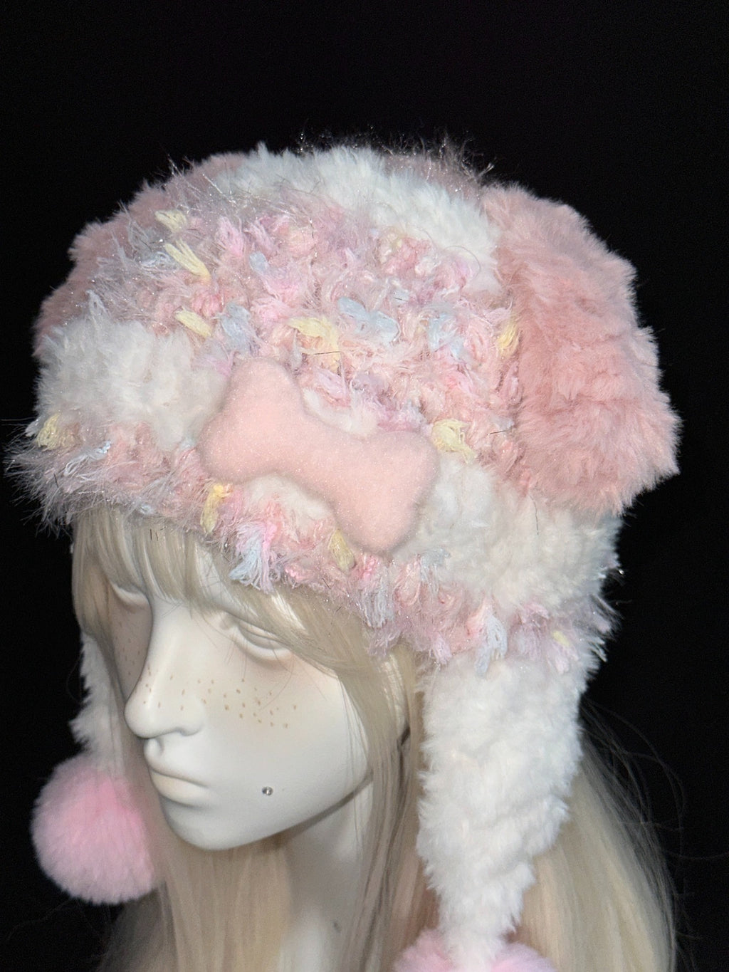 Pink Puppy Ear Hood – Handmade Crochet Dog Bonnet with Pompoms & Ear Flaps