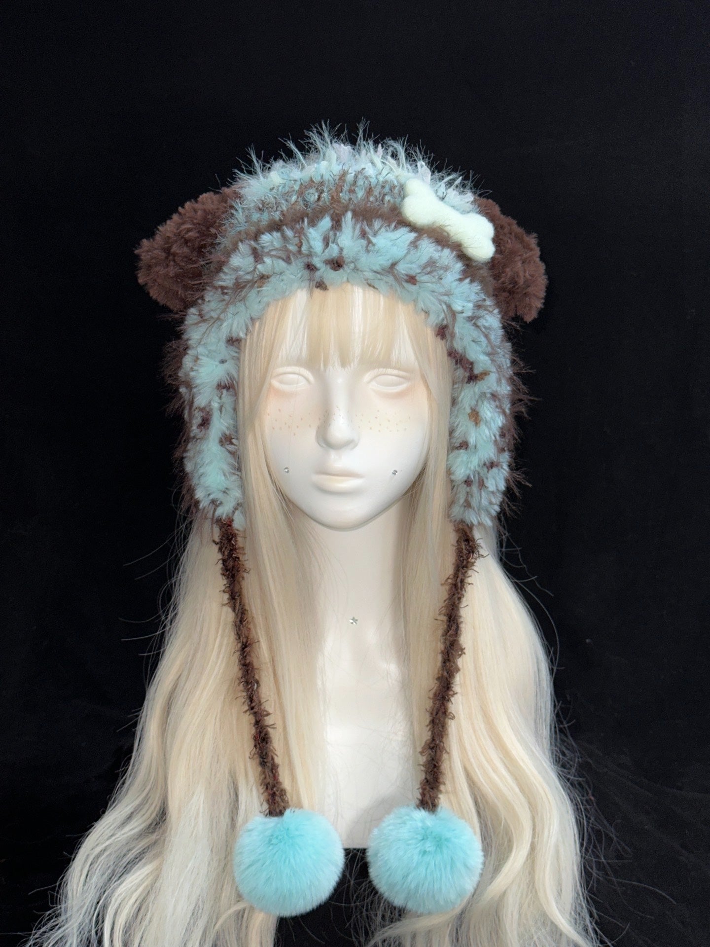 Blue & Brown Puppy Earwarmer Hat – Handmade Crochet Kawaii Hat
