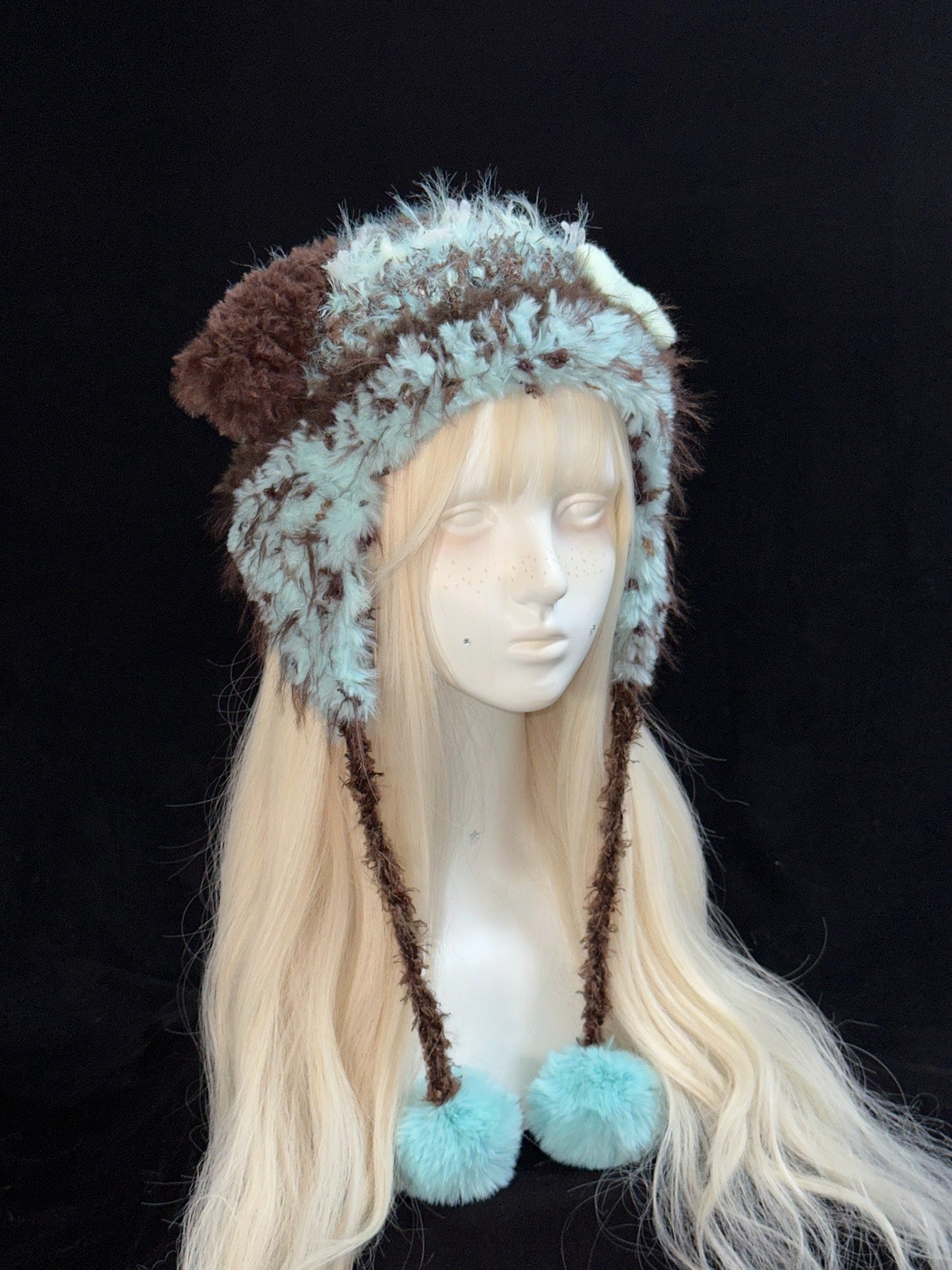 Blue & Brown Puppy Earwarmer Hat – Handmade Crochet Kawaii Hat