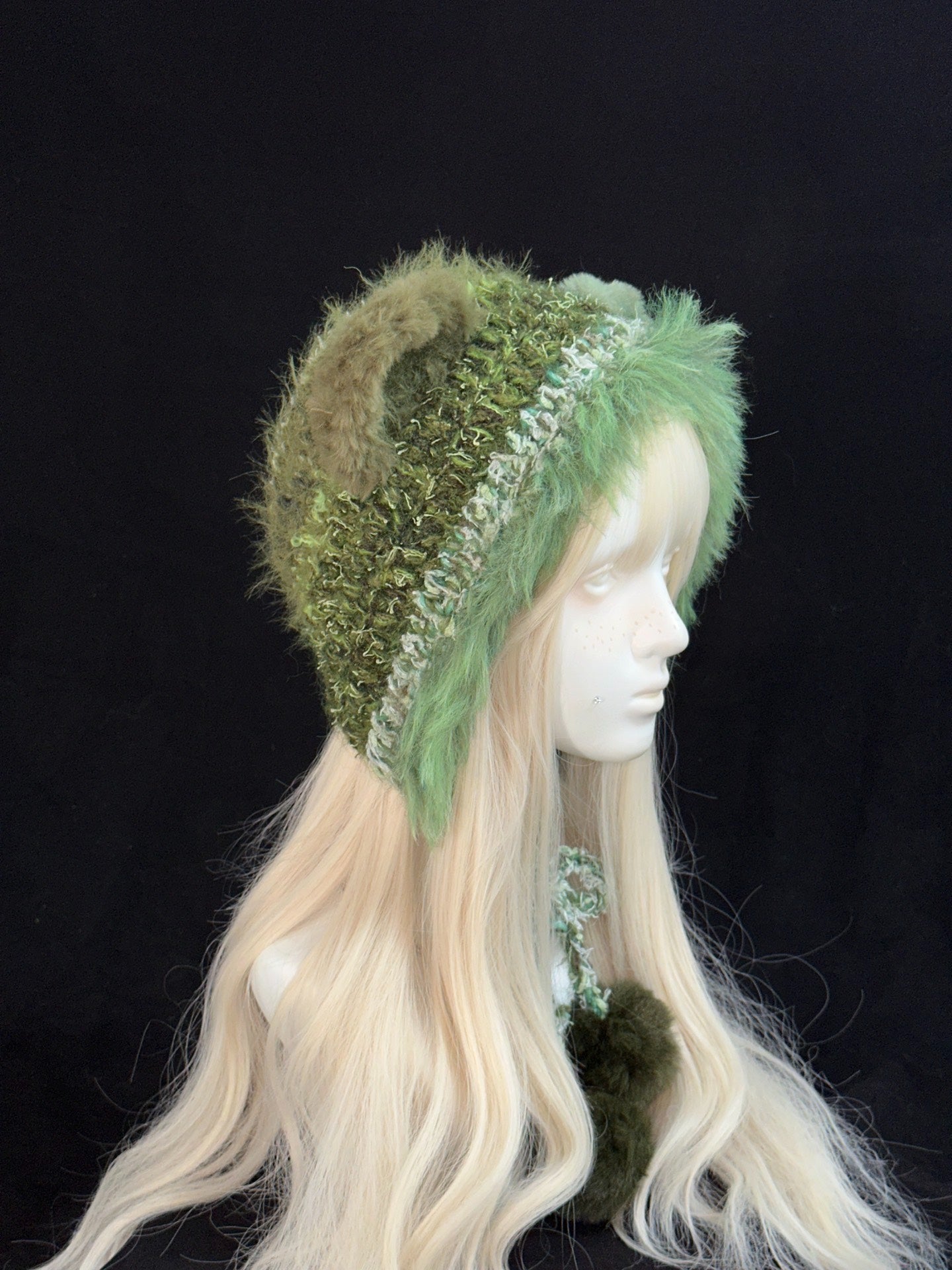 Green Wolf Ear Hood – Handmade Crochet Forest-Inspired Bonnet with Wolf Ears