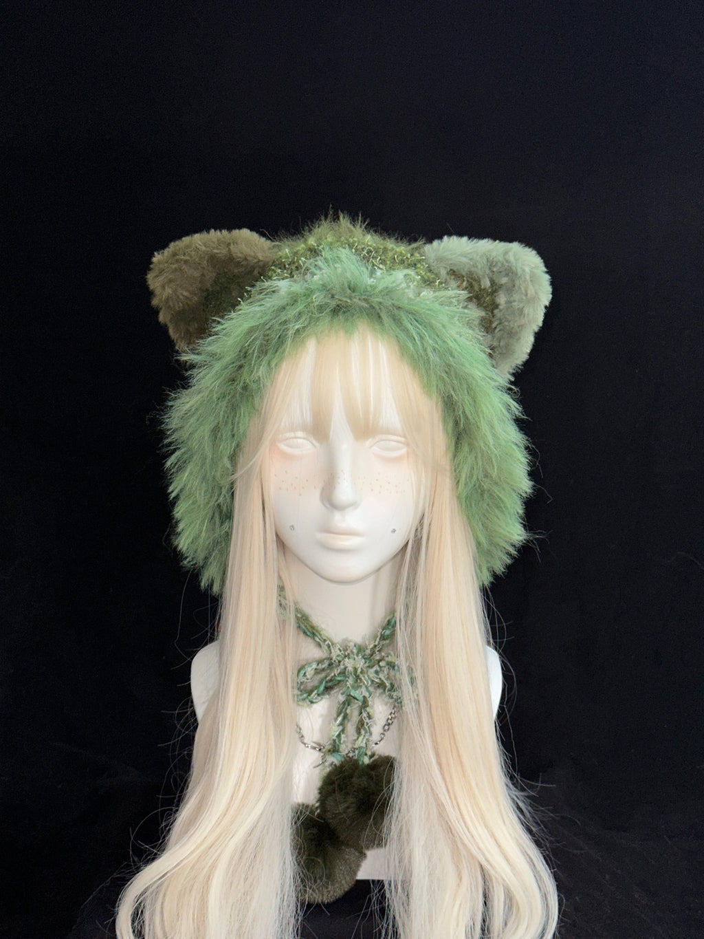 Green Wolf Ear Hood – Handmade Crochet Forest-Inspired Bonnet with Wolf Ears