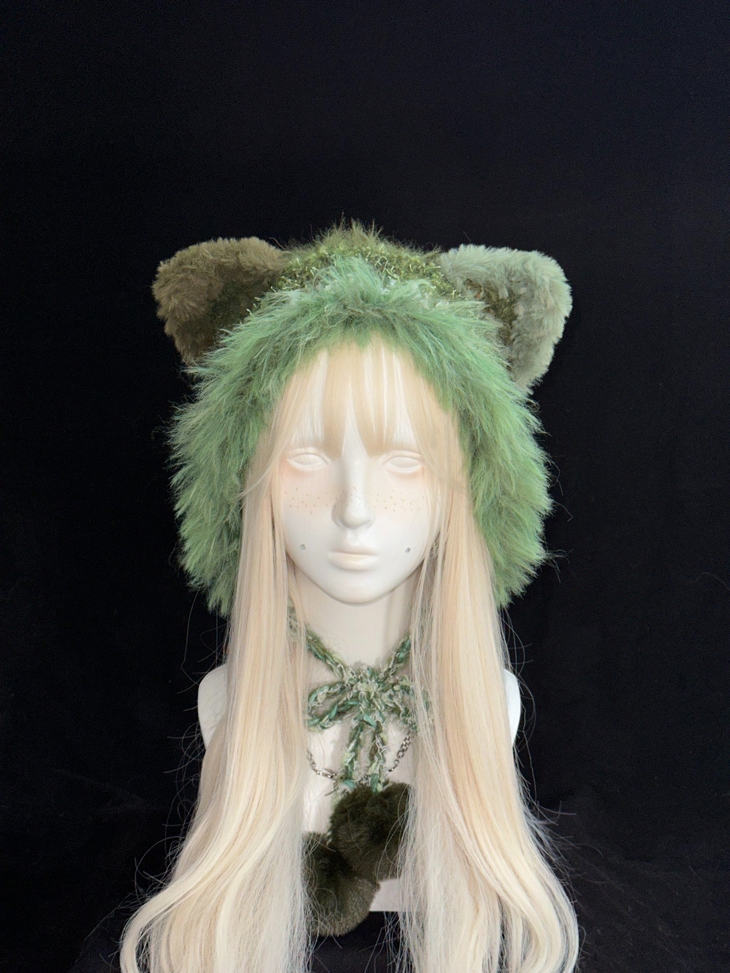 Green Wolf Ear Hood – Handmade Crochet Forest-Inspired Bonnet with Wolf Ears