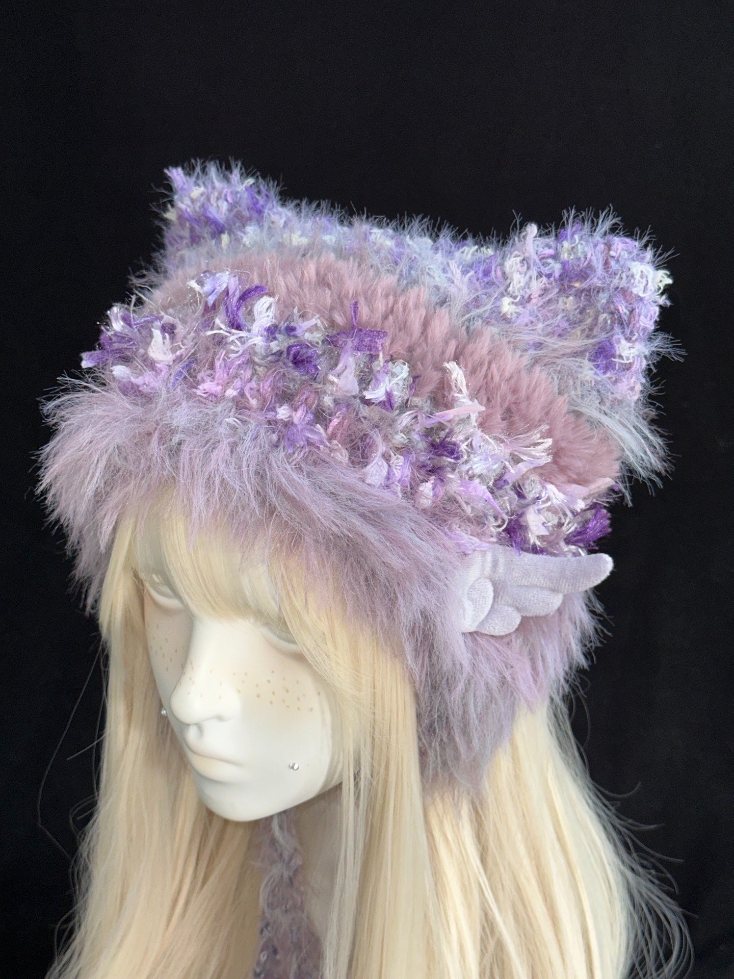Purple Kitty Angel Ear Hat – Handmade Crochet Kawaii Earwarmer Hat