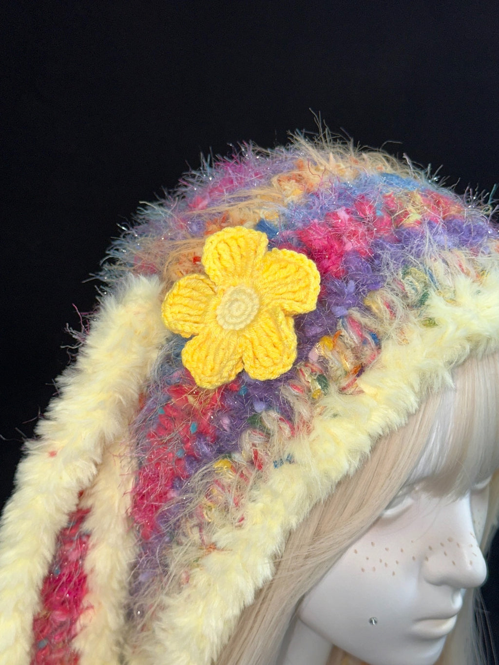 Usahana Bunny Ear Hood – Handmade Crochet Colorful Long Ear Bonnet for Kawaii Fashion & Cosplay