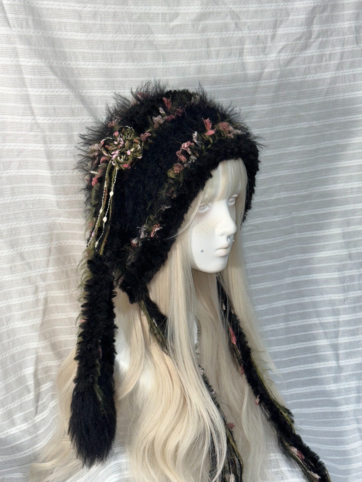 Black Bunny Ear Hood with Pink & Green Accents